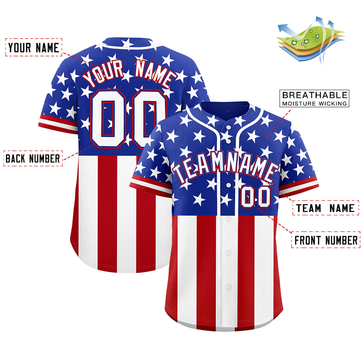 Custom Royal Blue Red White American Flag Graffiti Pattern Split Fashion Independence Day Stretch Fabric Baseball Jersey| KXKSHOP