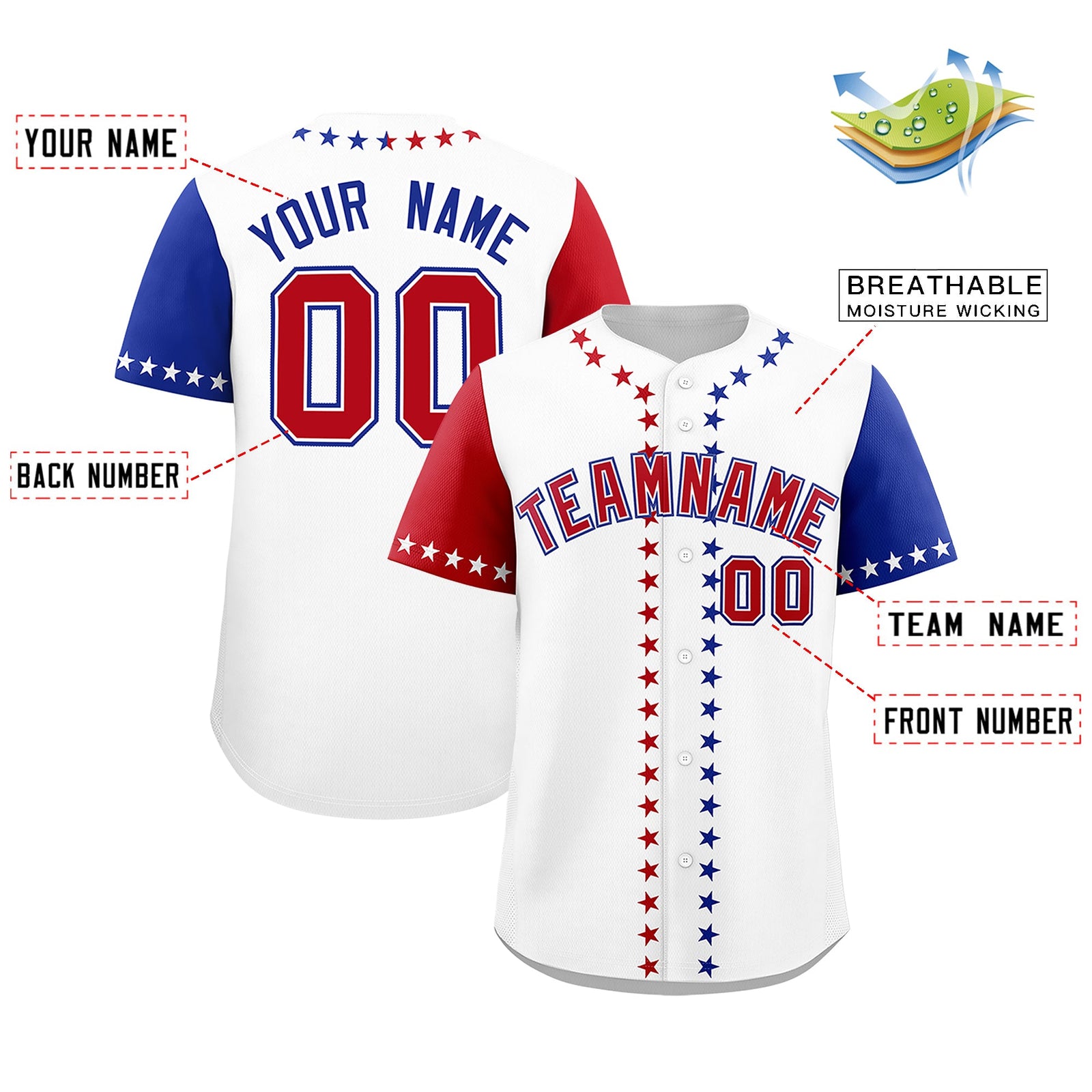 Custom White Red Royal Blue American Flag Graffiti Pattern Split Fashion Independence Day Stretch Fabric Baseball Jersey| KXKSHOP