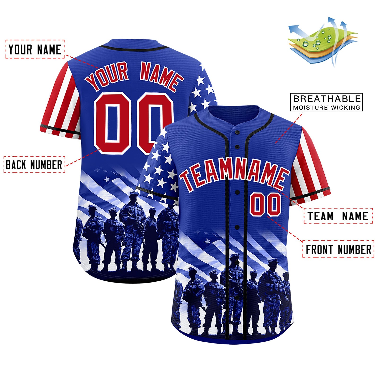 Custom Royal Blue Red White American Flag Graffiti Pattern Split Fashion Independence Day Quick Dry Baseball Jersey| KXKSHOP