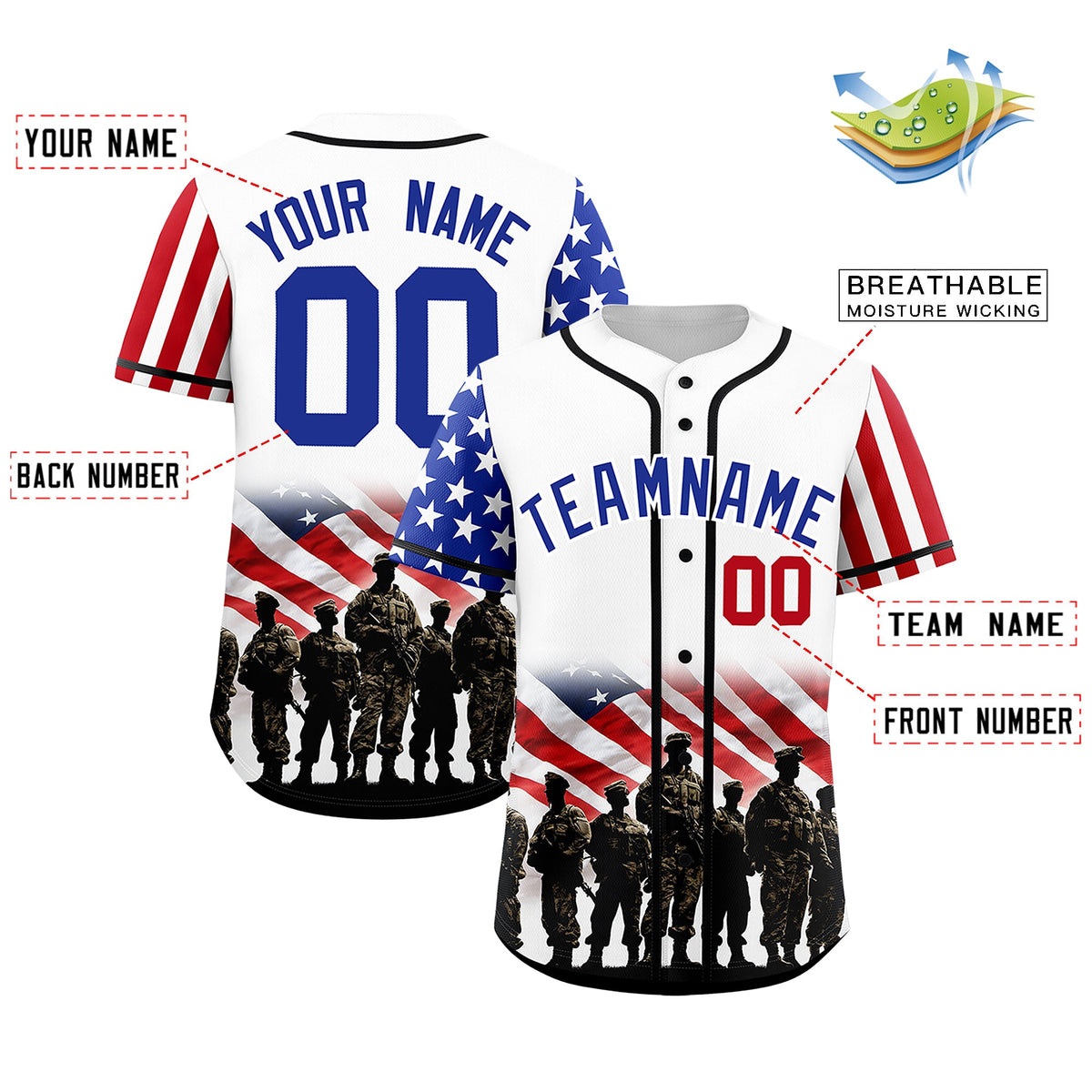 Custom White Royal Blue Red American Flag Graffiti Pattern Split Fashion Independence Day Quick Dry Baseball Jersey| KXKSHOP