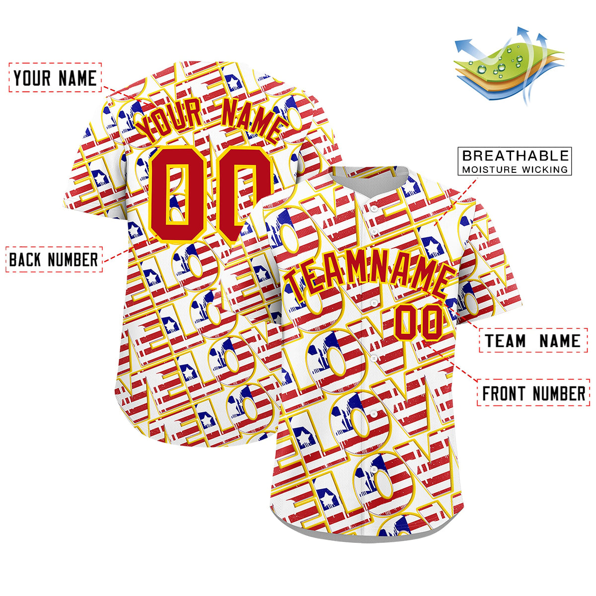 Custom White Red Gold American Flag Graffiti Pattern Split Fashion Independence Day Quick Dry Baseball Jersey| KXKSHOP
