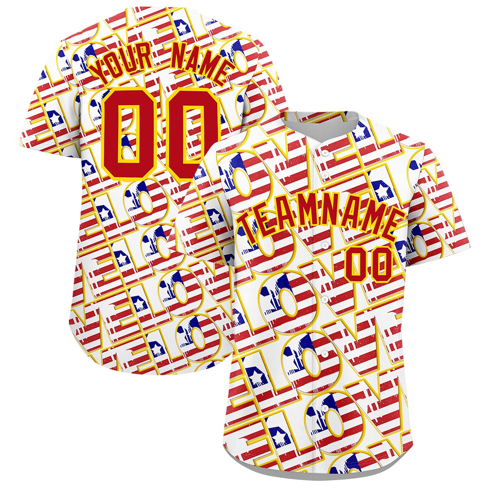 Custom White Red Gold American Flag Graffiti Pattern Split Fashion Independence Day Quick Dry Baseball Jersey| KXKSHOP