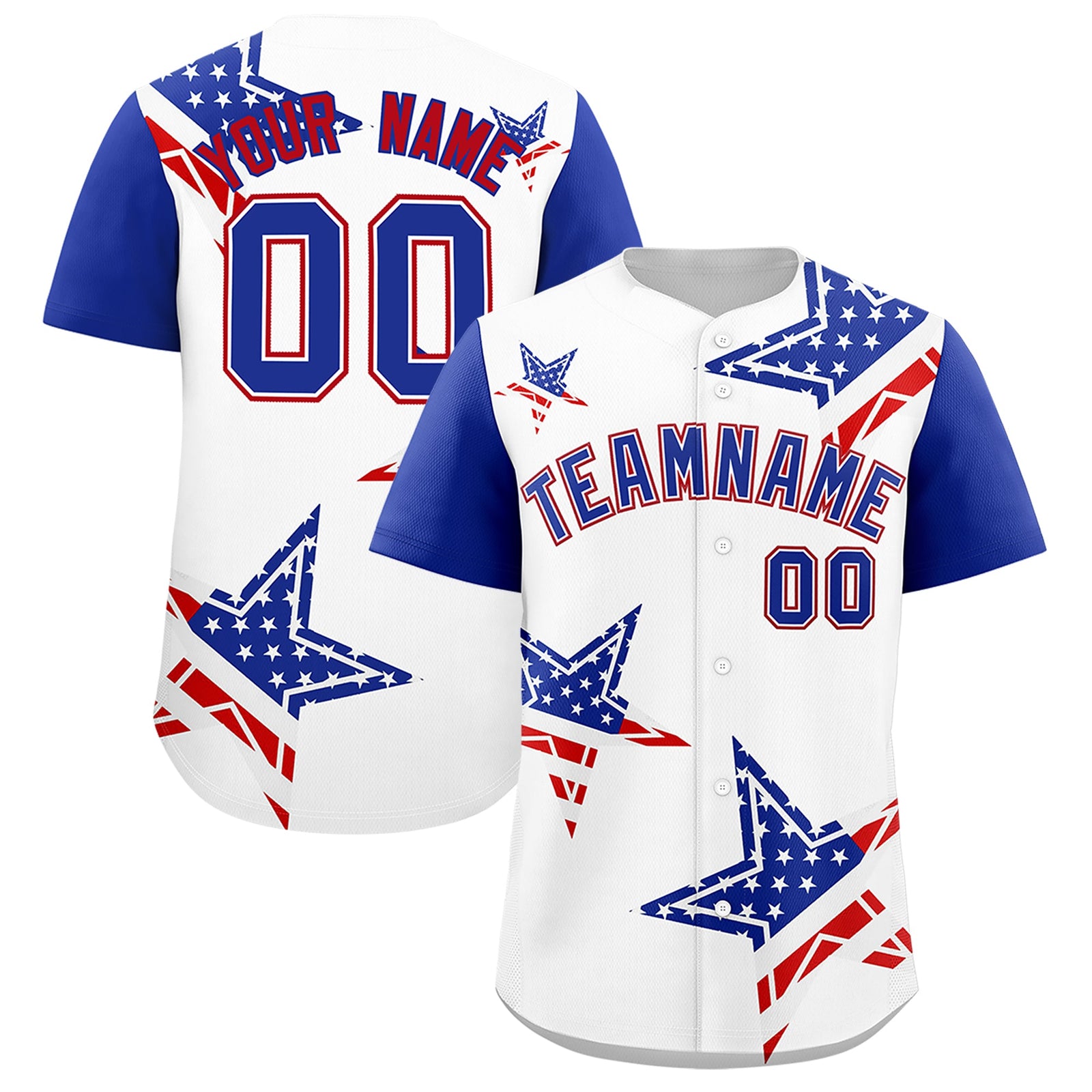 Custom White Royal Blue Red American Flag Graffiti Pattern Split Fashion Independence Day Quick Dry Baseball Jersey| KXKSHOP