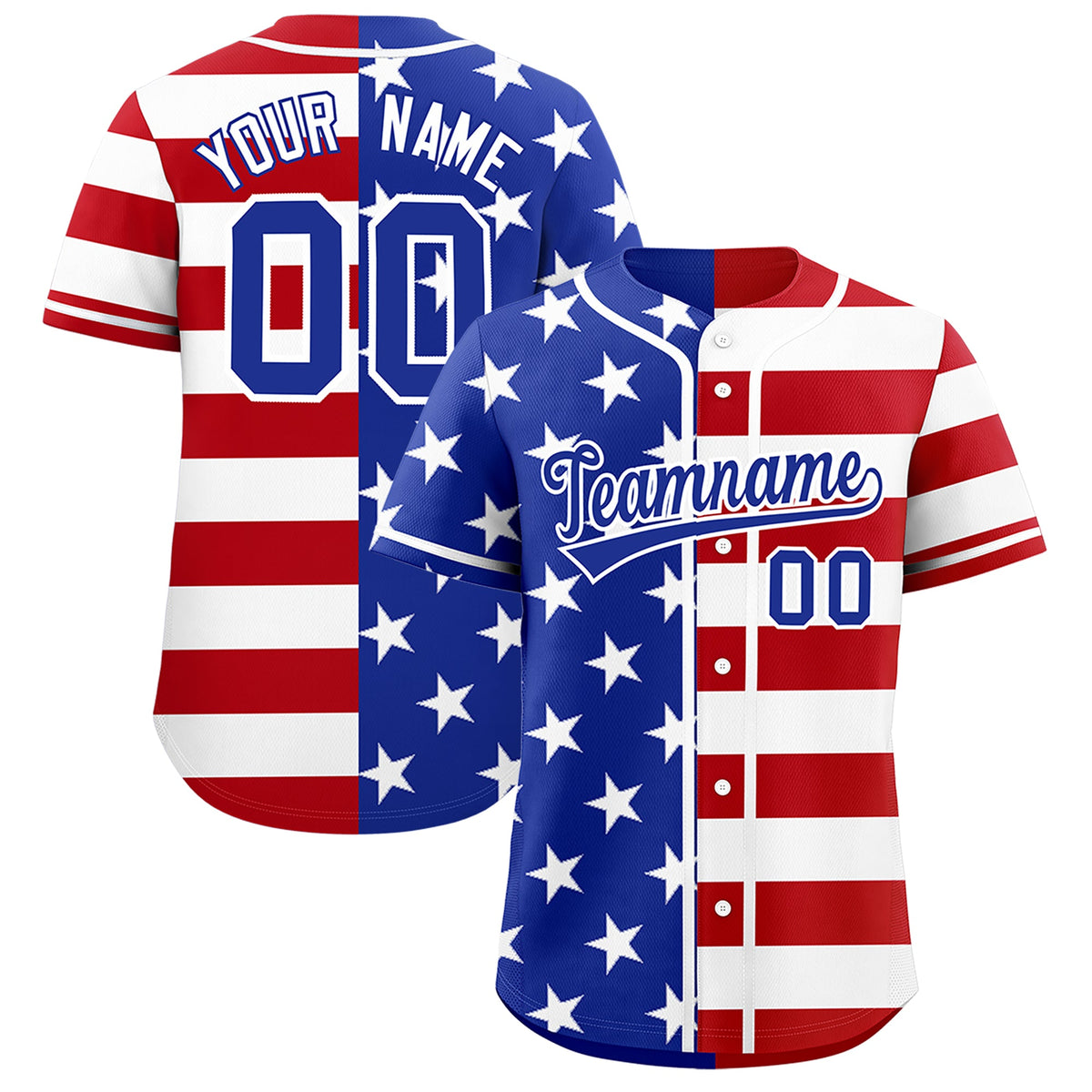 Custom Royal Blue Red White American Flag Graffiti Pattern Split Fashion Independence Day Stretch Fabric Baseball Jersey| KXKSHOP