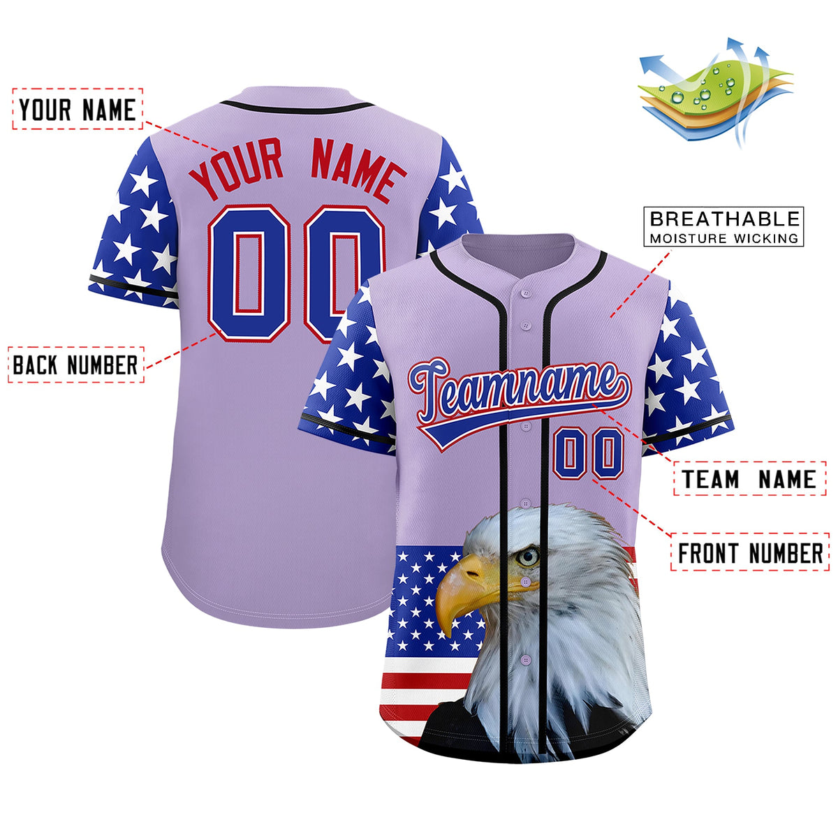 Custom Light Purple Royal Blue White American Flag Graffiti Pattern Split Fashion Independence Day Stretch Fabric Baseball Jersey| KXKSHOP