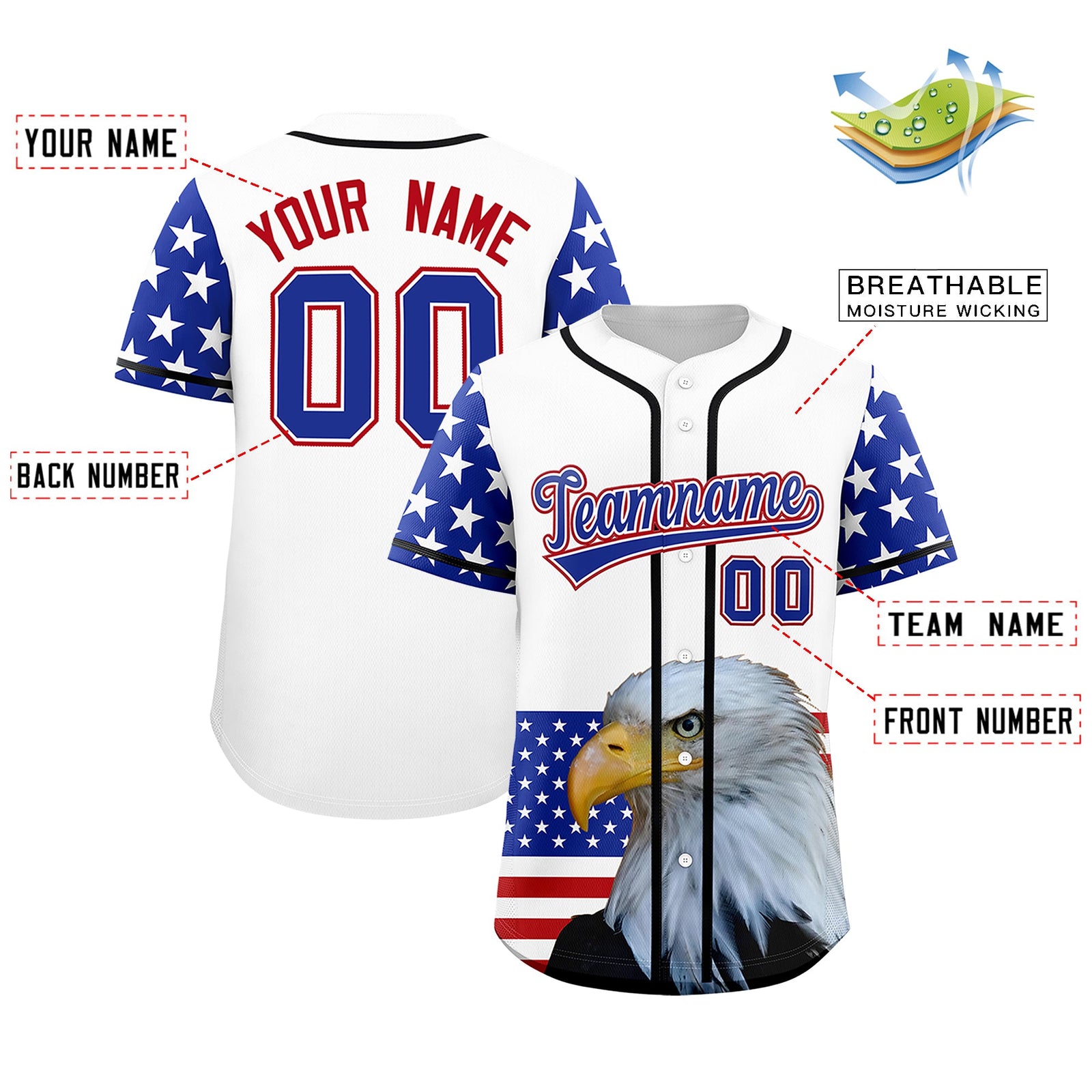 Custom White Royal Blue Red American Flag Graffiti Pattern Split Fashion Independence Day Quick Dry Baseball Jersey| KXKSHOP