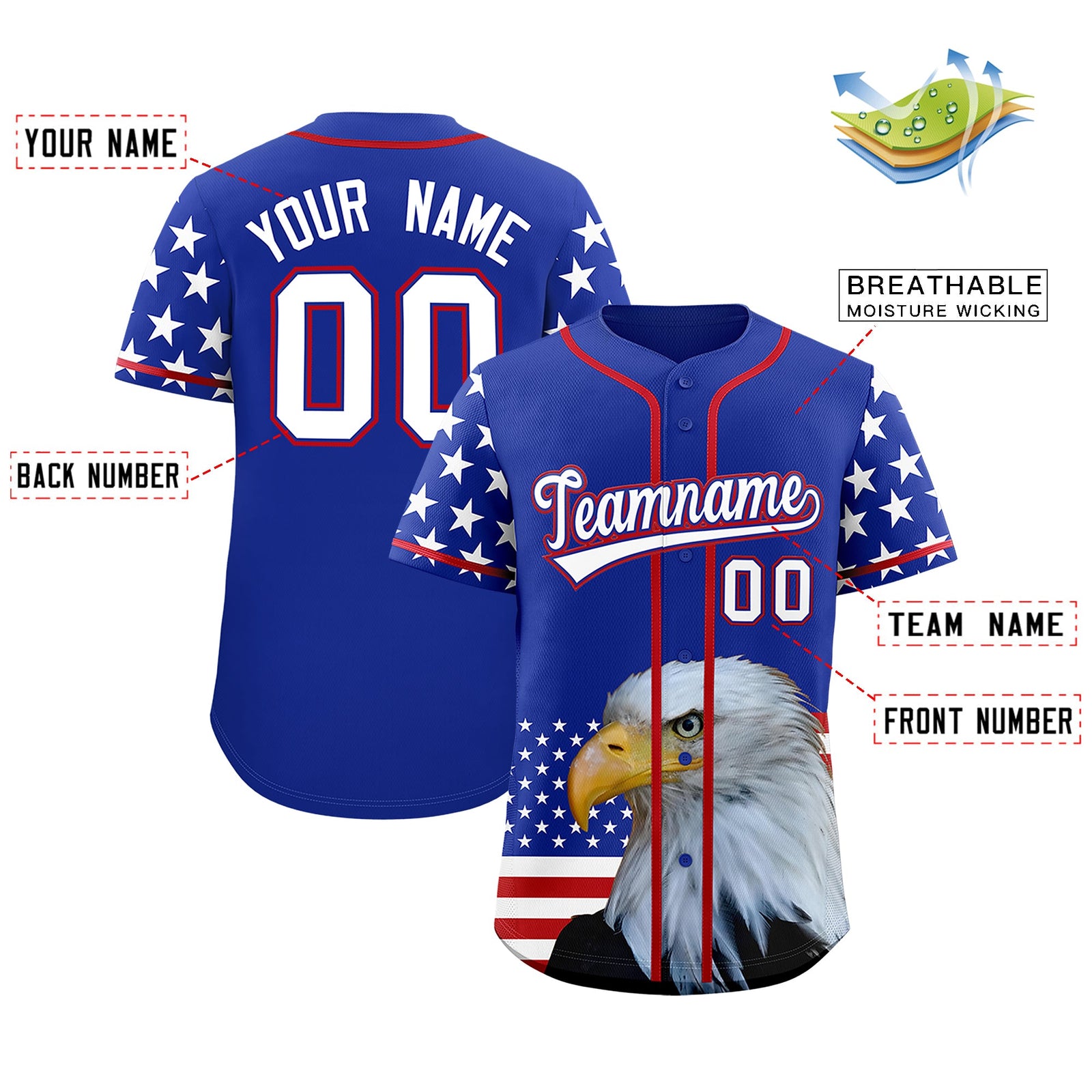 Custom Royal Blue White Red American Flag Graffiti Pattern Split Fashion Independence Day Stretch Fabric Baseball Jersey| KXKSHOP
