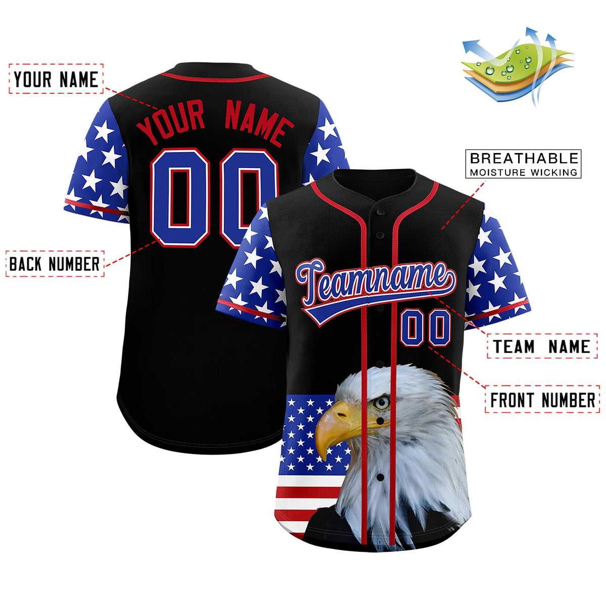 Custom Black Royal Blue White American Flag Graffiti Pattern Split Fashion Independence Day Stretch Fabric Baseball Jersey| KXKSHOP