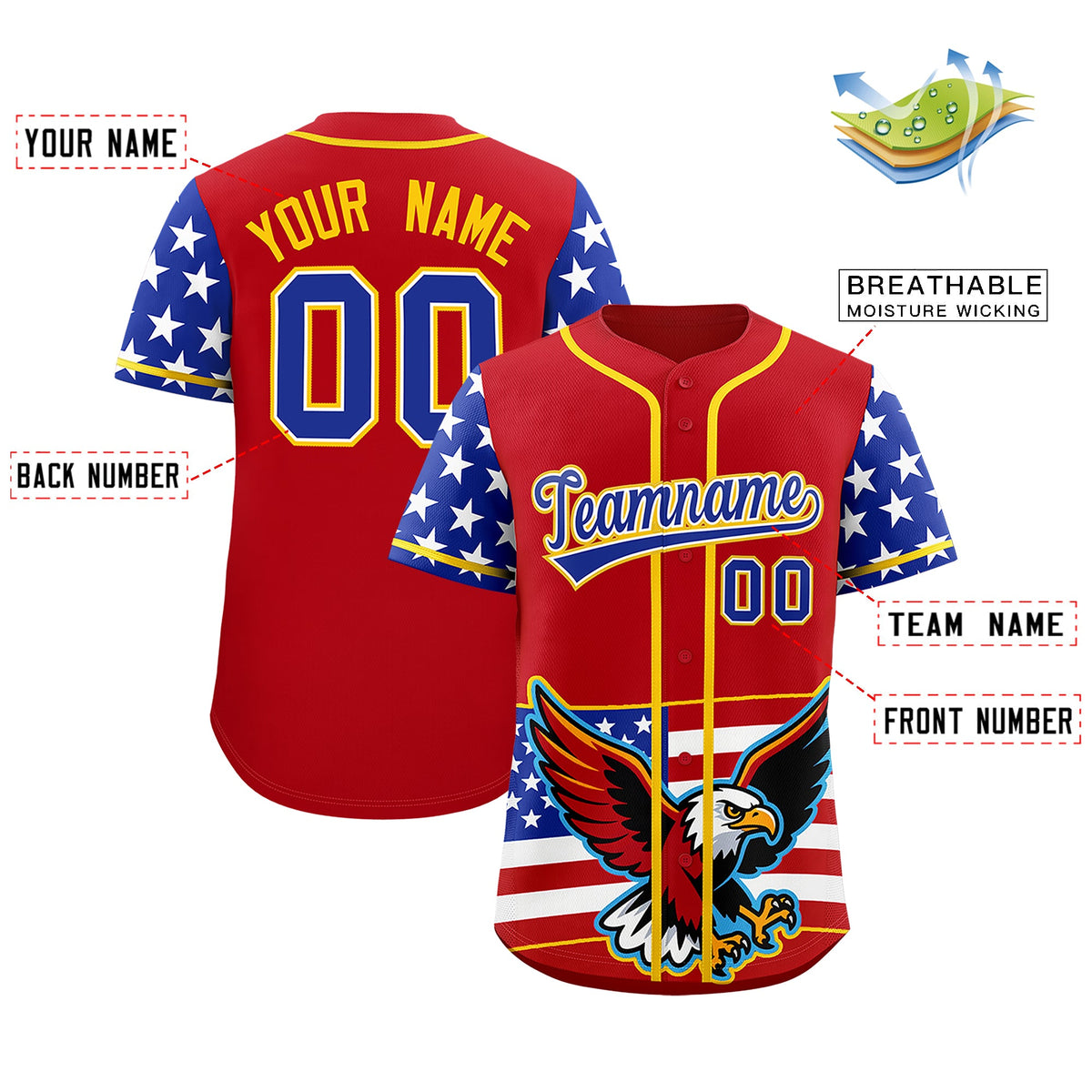 Custom Red Royal Blue White American Flag Graffiti Pattern Split Fashion Independence Day Stretch Fabric Baseball Jersey| KXKSHOP