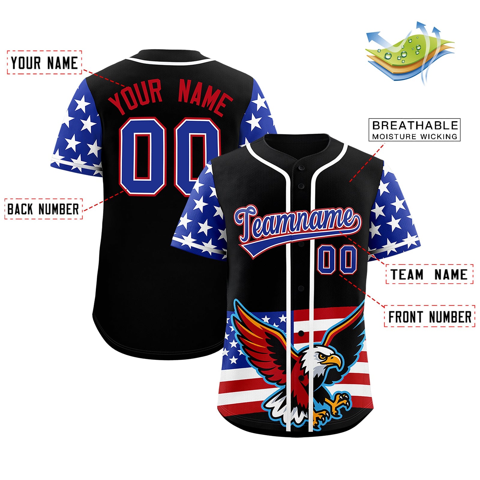 Custom Black Royal Blue White American Flag Graffiti Pattern Split Fashion Independence Day Stretch Fabric Baseball Jersey| KXKSHOP