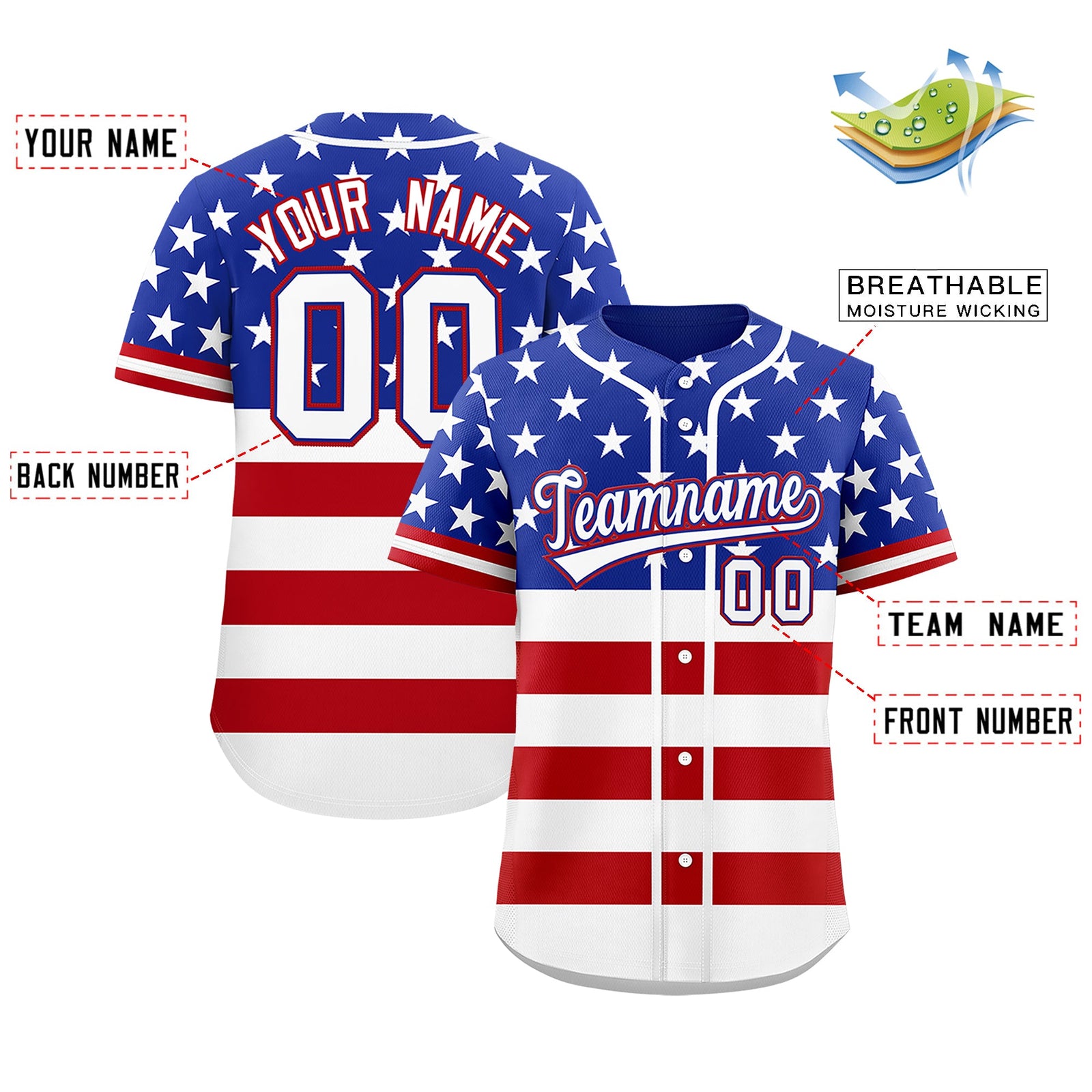 Custom Royal Blue Red White American Flag Graffiti Pattern Split Fashion Independence Day Quick Dry Baseball Jersey| KXKSHOP