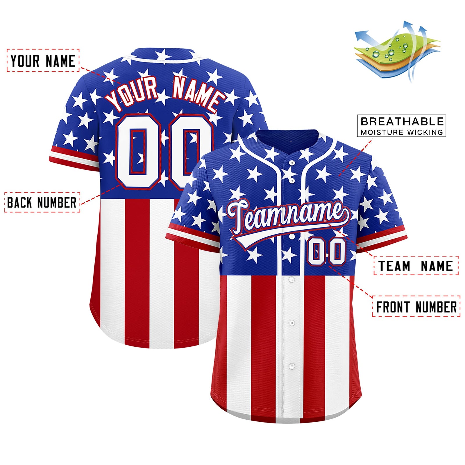 Custom Royal Blue Red White American Flag Graffiti Pattern Split Fashion Independence Day Stretch Fabric Baseball Jersey| KXKSHOP