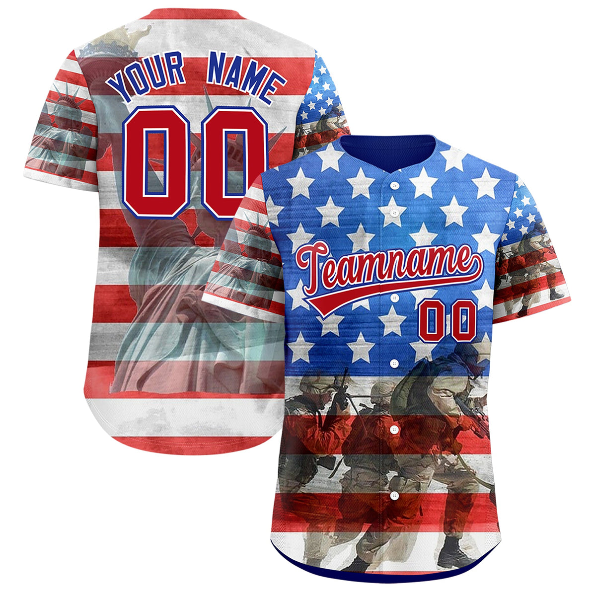 Custom White Royal Blue American Flag Graffiti Pattern Split Fashion Independence Day Quick Dry Baseball Jersey| KXKSHOP