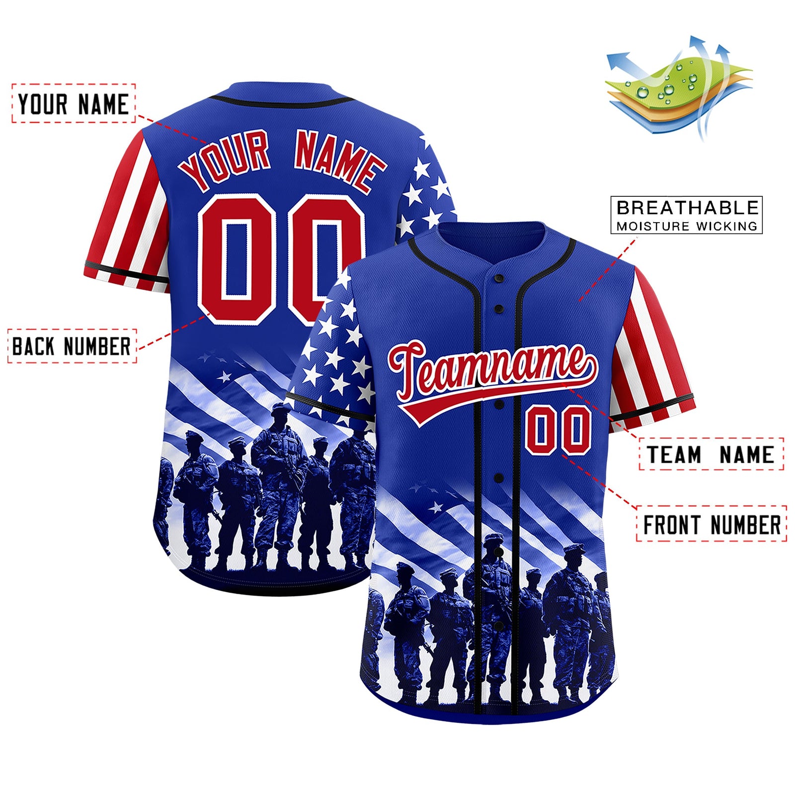 Custom Royal Blue Red White American Flag Graffiti Pattern Split Fashion Independence Day Quick Dry Baseball Jersey| KXKSHOP