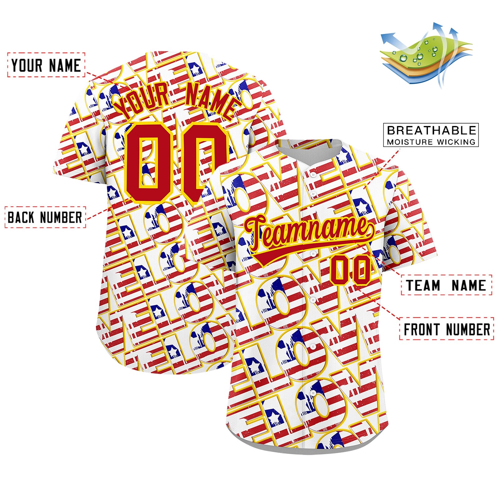 Custom White Red Gold American Flag Graffiti Pattern Split Fashion Independence Day Quick Dry Baseball Jersey| KXKSHOP