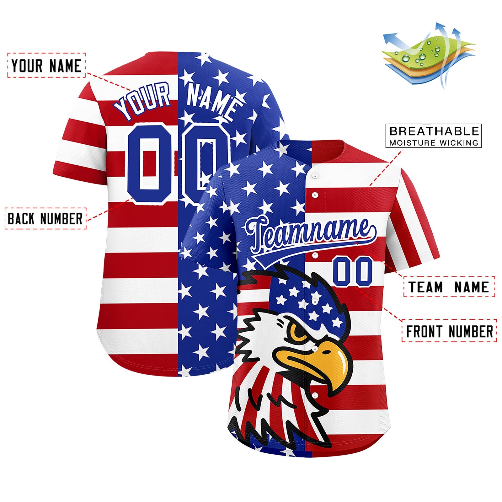Custom Royal Blue Red White American Flag Graffiti Pattern Split Fashion Independence Day Stretch Fabric Baseball Jersey| KXKSHOP