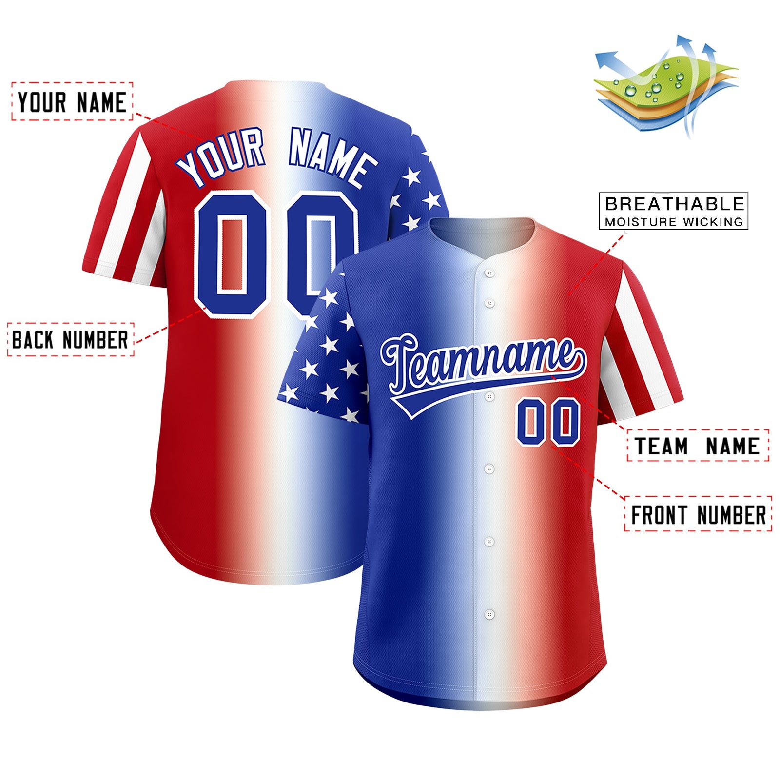 Custom Royal Blue White Red American Flag Graffiti Pattern Split Fashion Independence Day Quick Dry Baseball Jersey| KXKSHOP