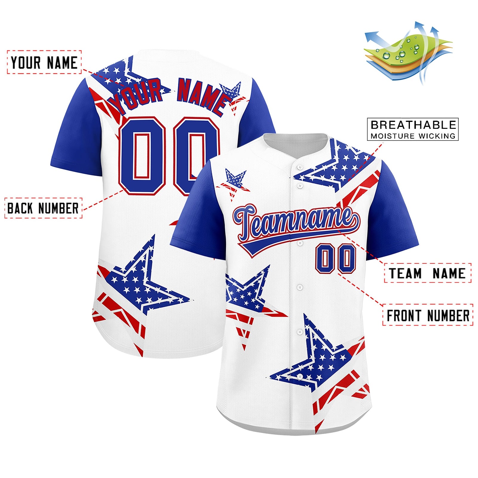 Custom White Royal Blue Red American Flag Graffiti Pattern Split Fashion Independence Day Quick Dry Baseball Jersey| KXKSHOP