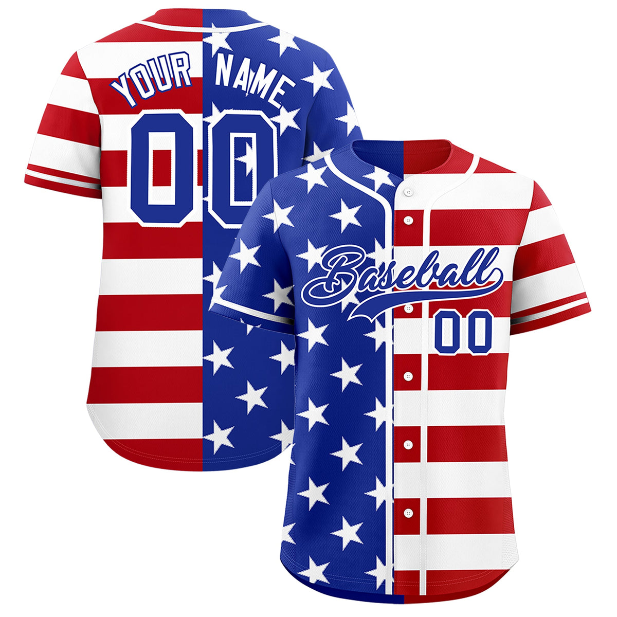 Custom Royal Blue Red White American Flag Graffiti Pattern Split Fashion Independence Day Stretch Fabric Baseball Jersey| KXKSHOP