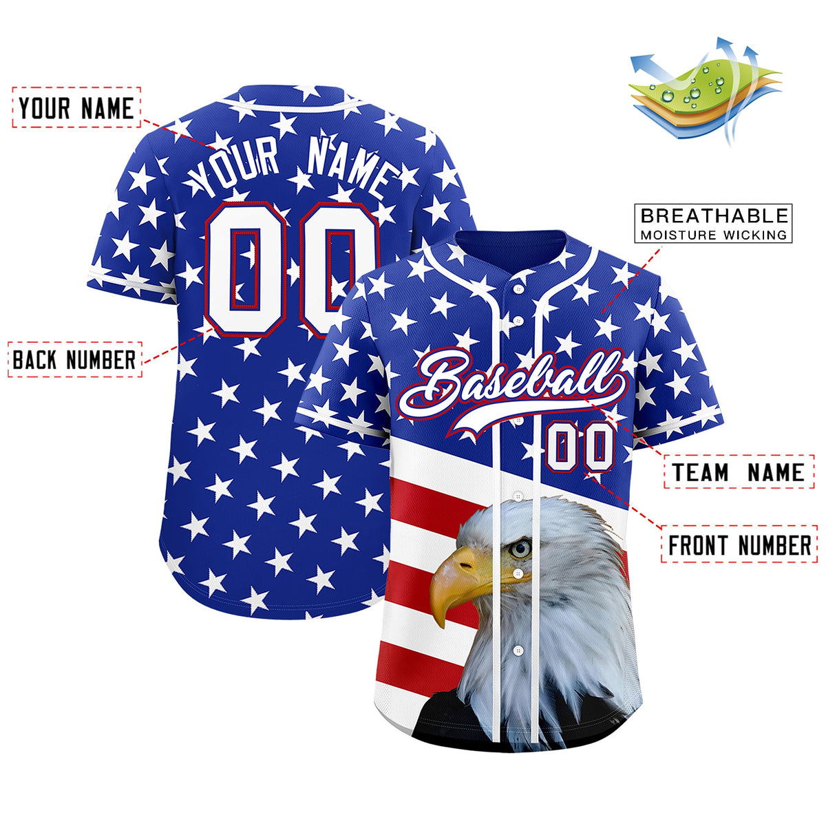 Custom Royal Blue Red White American Flag Graffiti Pattern Split Fashion Independence Day Quick Dry Baseball Jersey| KXKSHOP