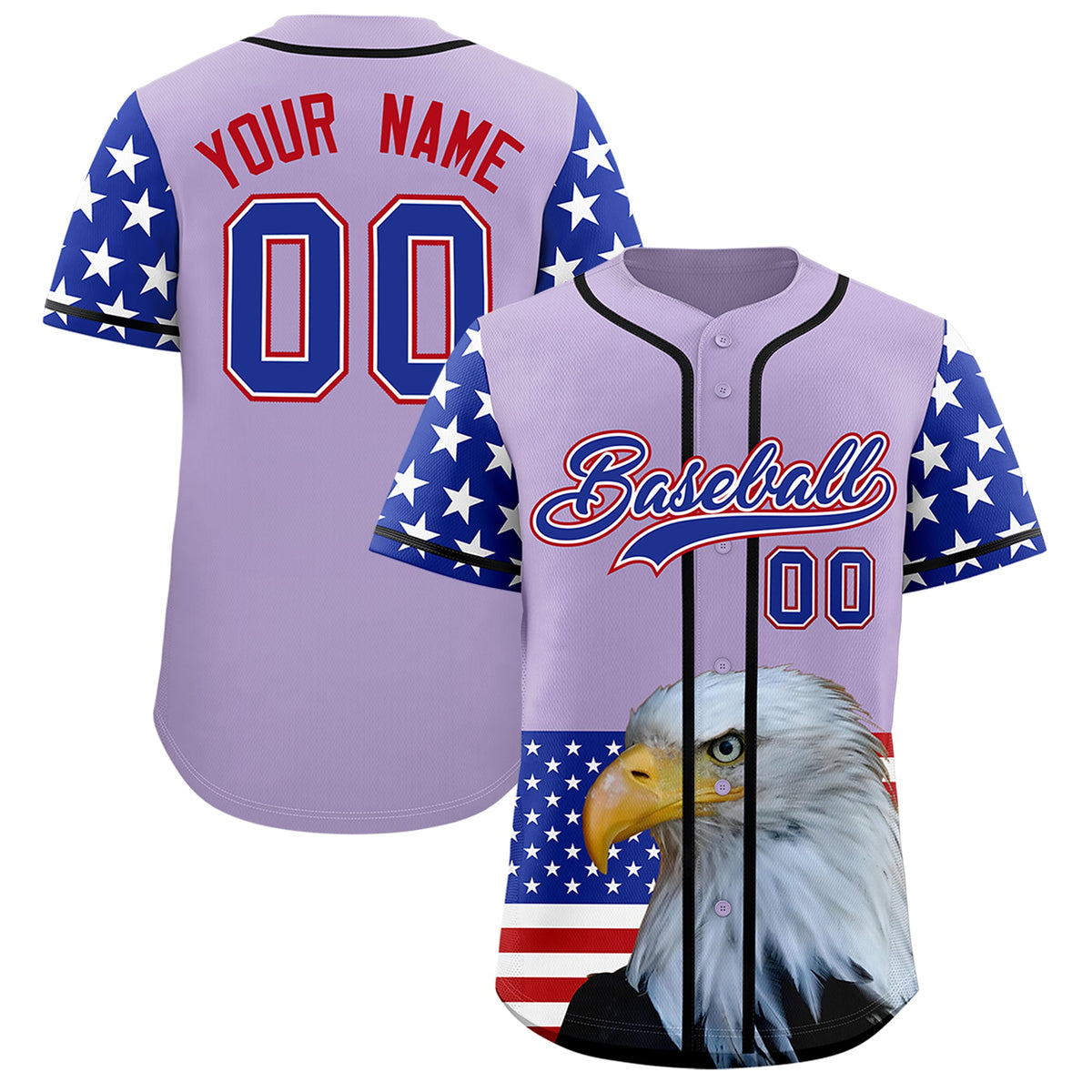 Custom Light Purple Royal Blue White American Flag Graffiti Pattern Split Fashion Independence Day Stretch Fabric Baseball Jersey| KXKSHOP