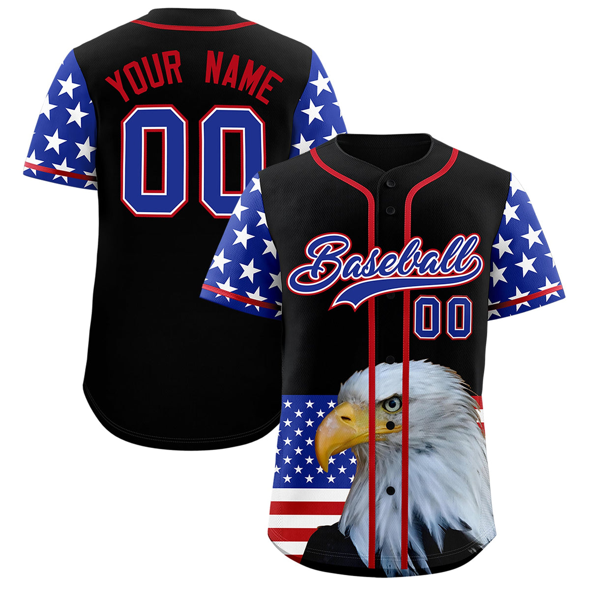 Custom Black Royal Blue White American Flag Graffiti Pattern Split Fashion Independence Day Stretch Fabric Baseball Jersey| KXKSHOP