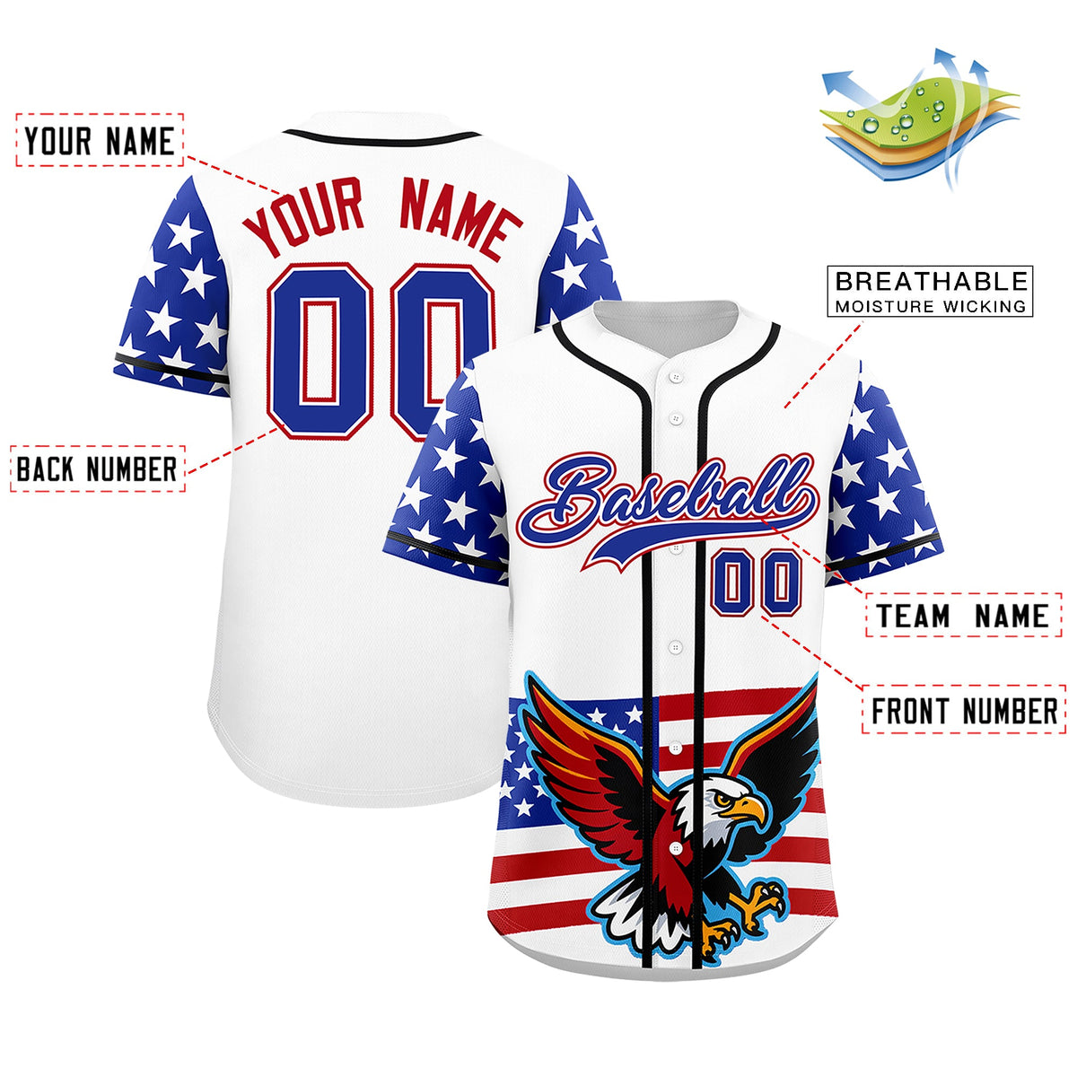 Custom White Royal Blue Red American Flag Graffiti Pattern Split Fashion Independence Day Quick Dry Baseball Jersey| KXKSHOP
