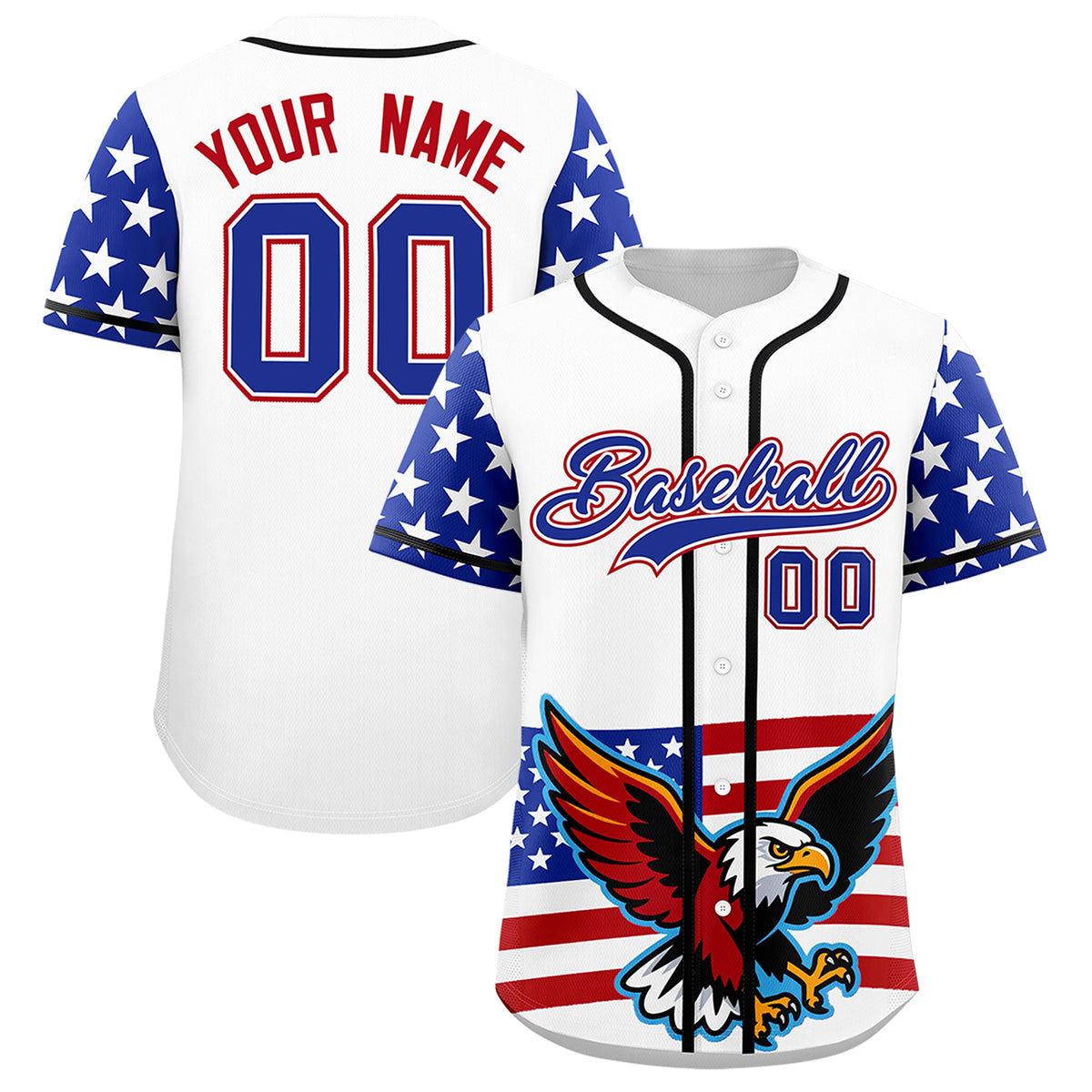 Custom White Royal Blue Red American Flag Graffiti Pattern Split Fashion Independence Day Quick Dry Baseball Jersey| KXKSHOP
