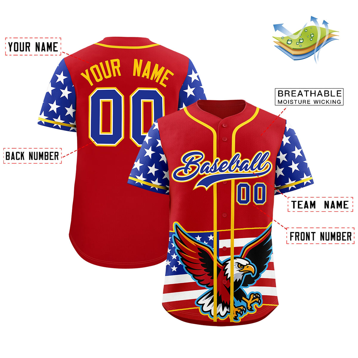 Custom Red Royal Blue White American Flag Graffiti Pattern Split Fashion Independence Day Stretch Fabric Baseball Jersey| KXKSHOP