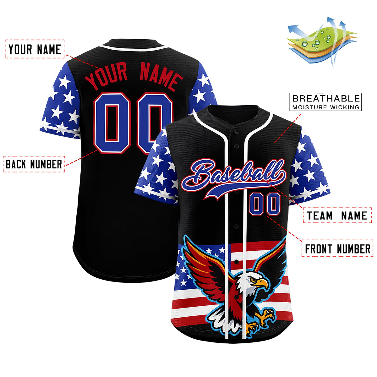 Custom Black Royal Blue White American Flag Graffiti Pattern Split Fashion Independence Day Stretch Fabric Baseball Jersey| KXKSHOP