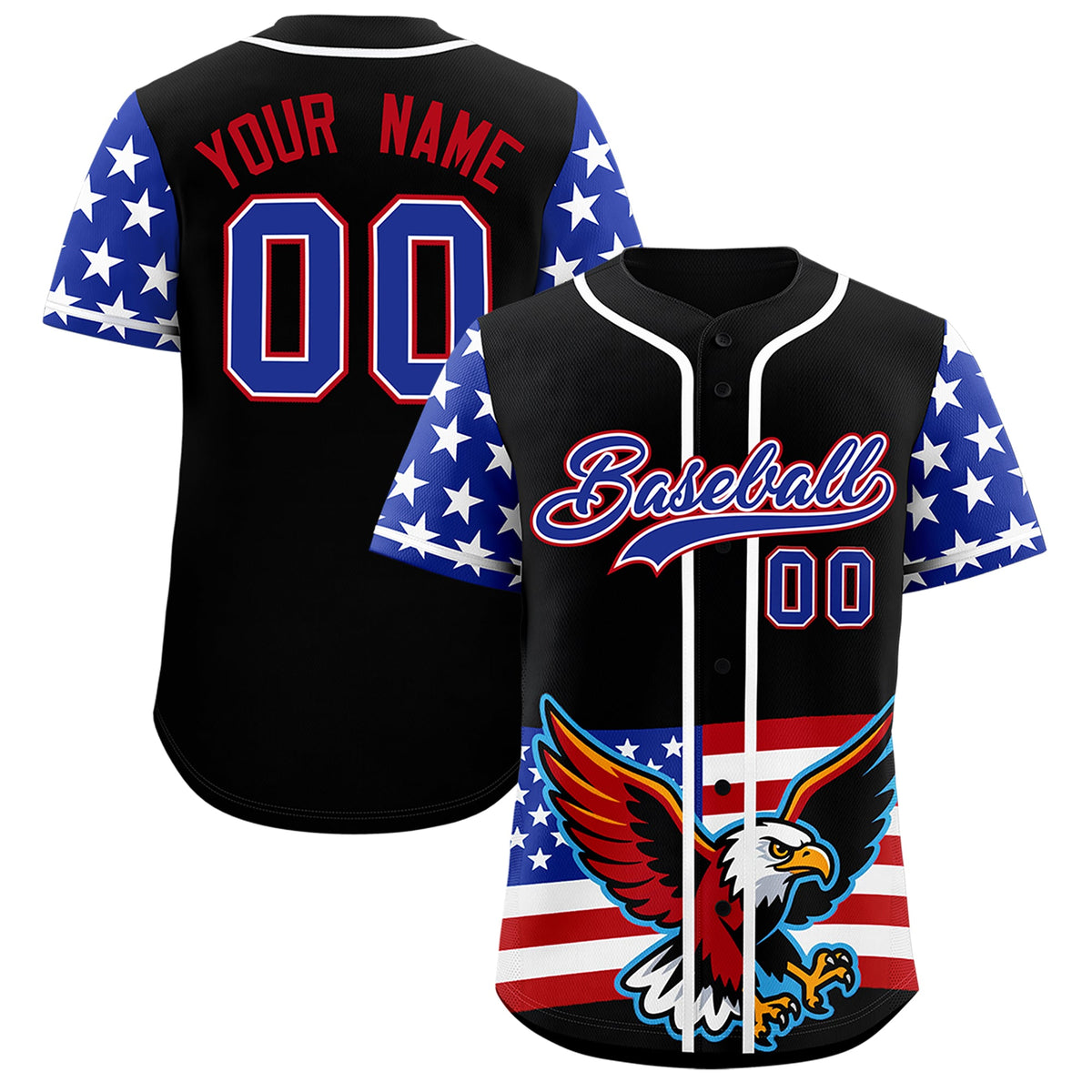 Custom Black Royal Blue White American Flag Graffiti Pattern Split Fashion Independence Day Stretch Fabric Baseball Jersey| KXKSHOP