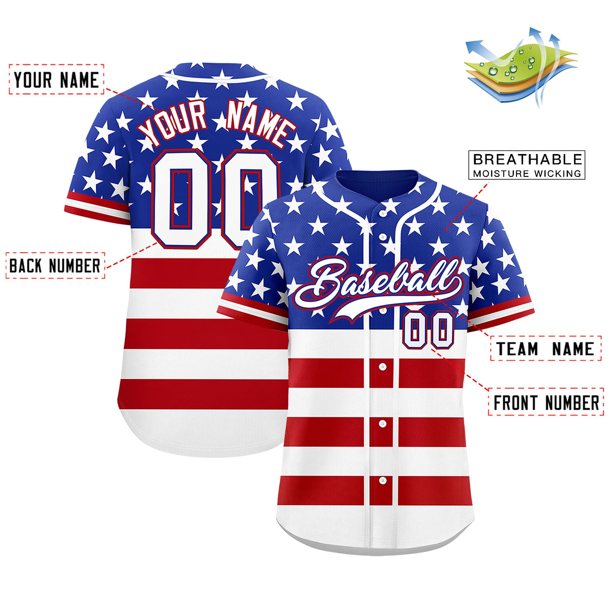 Custom Royal Blue Red White American Flag Graffiti Pattern Split Fashion Independence Day Quick Dry Baseball Jersey| KXKSHOP