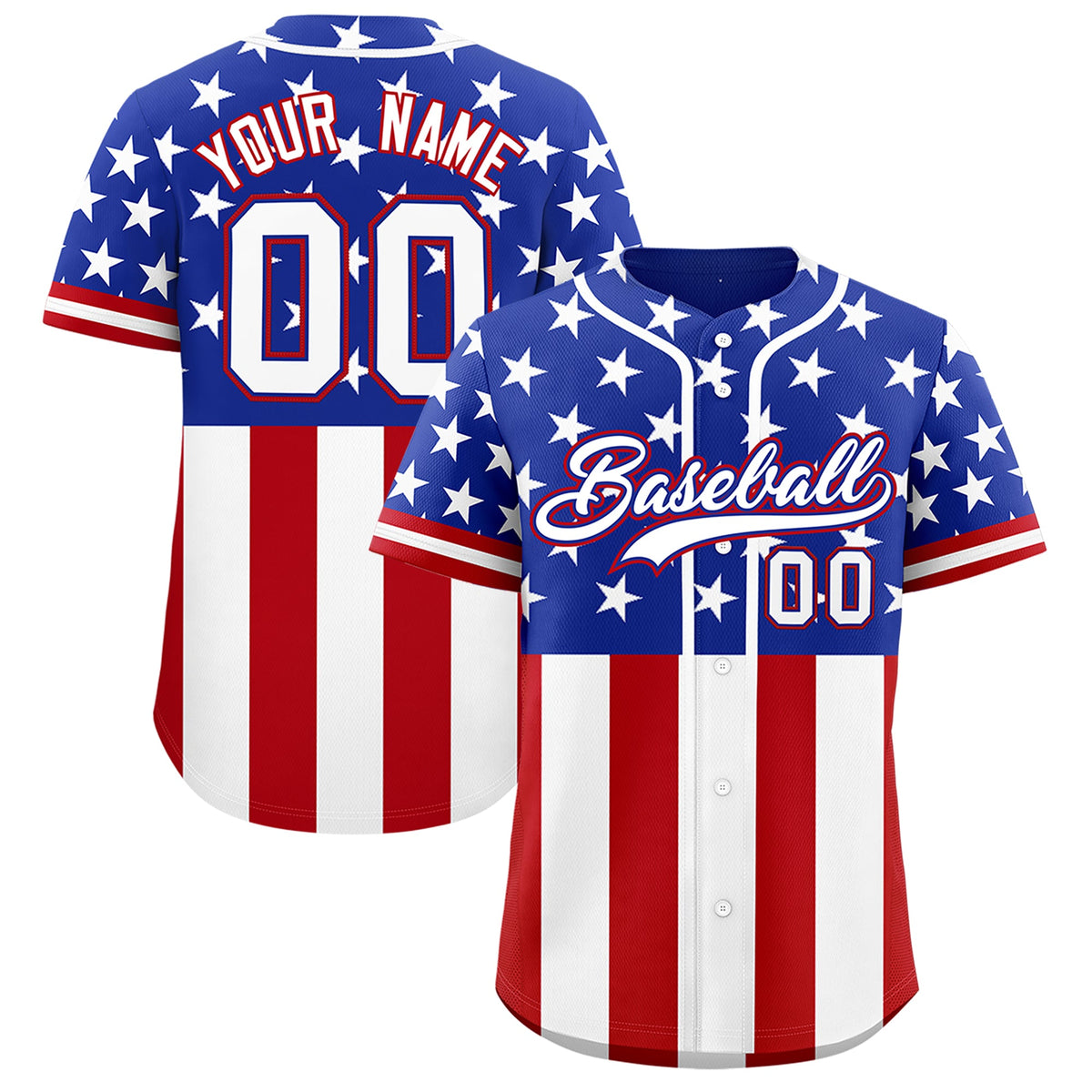 Custom Royal Blue Red White American Flag Graffiti Pattern Split Fashion Independence Day Stretch Fabric Baseball Jersey| KXKSHOP