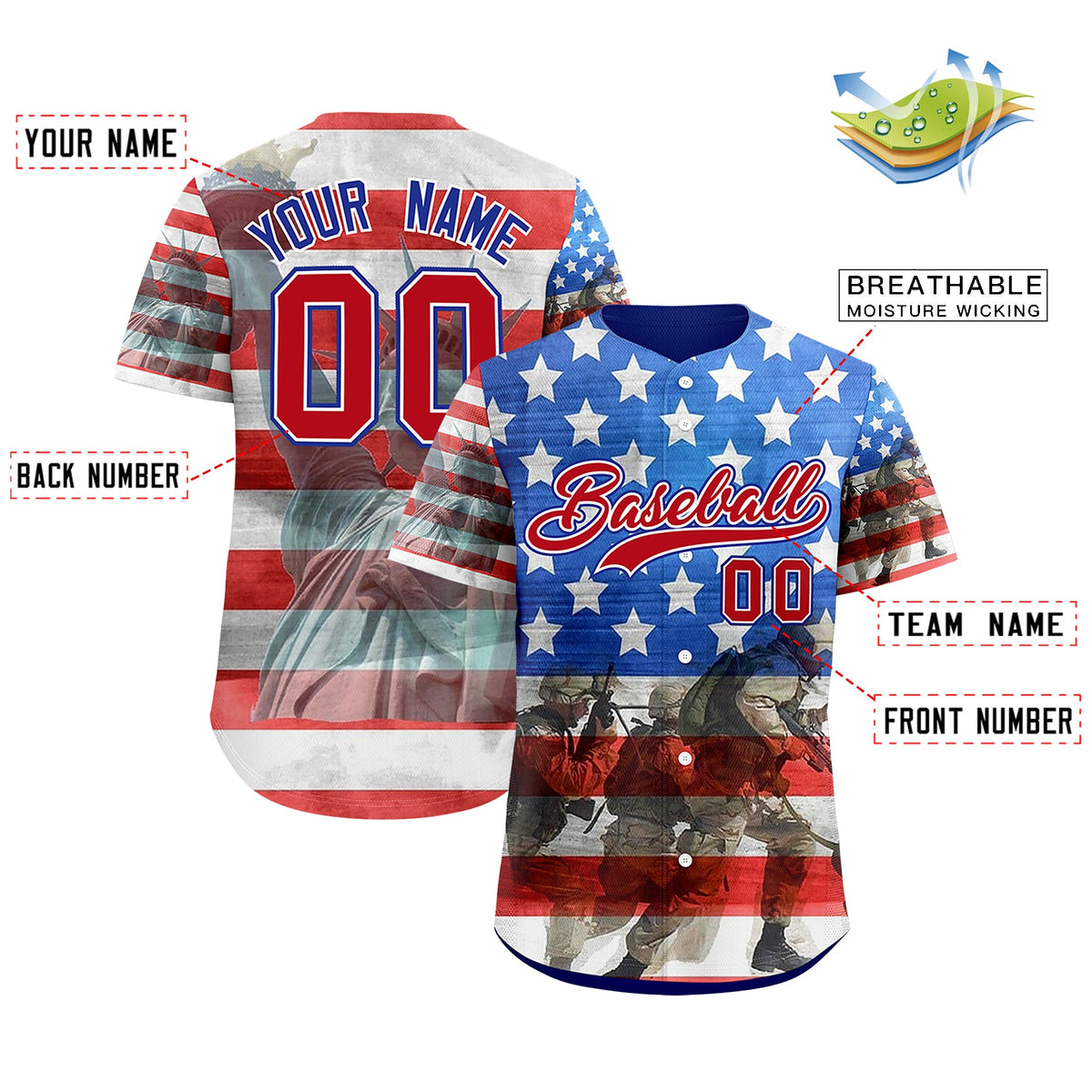 Custom White Royal Blue American Flag Graffiti Pattern Split Fashion Independence Day Quick Dry Baseball Jersey| KXKSHOP