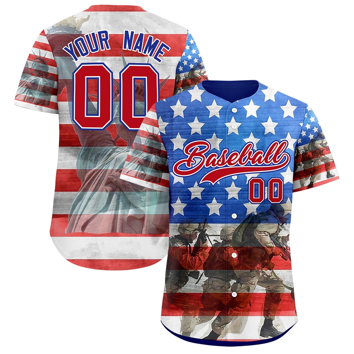 Custom White Royal Blue American Flag Graffiti Pattern Split Fashion Independence Day Quick Dry Baseball Jersey| KXKSHOP