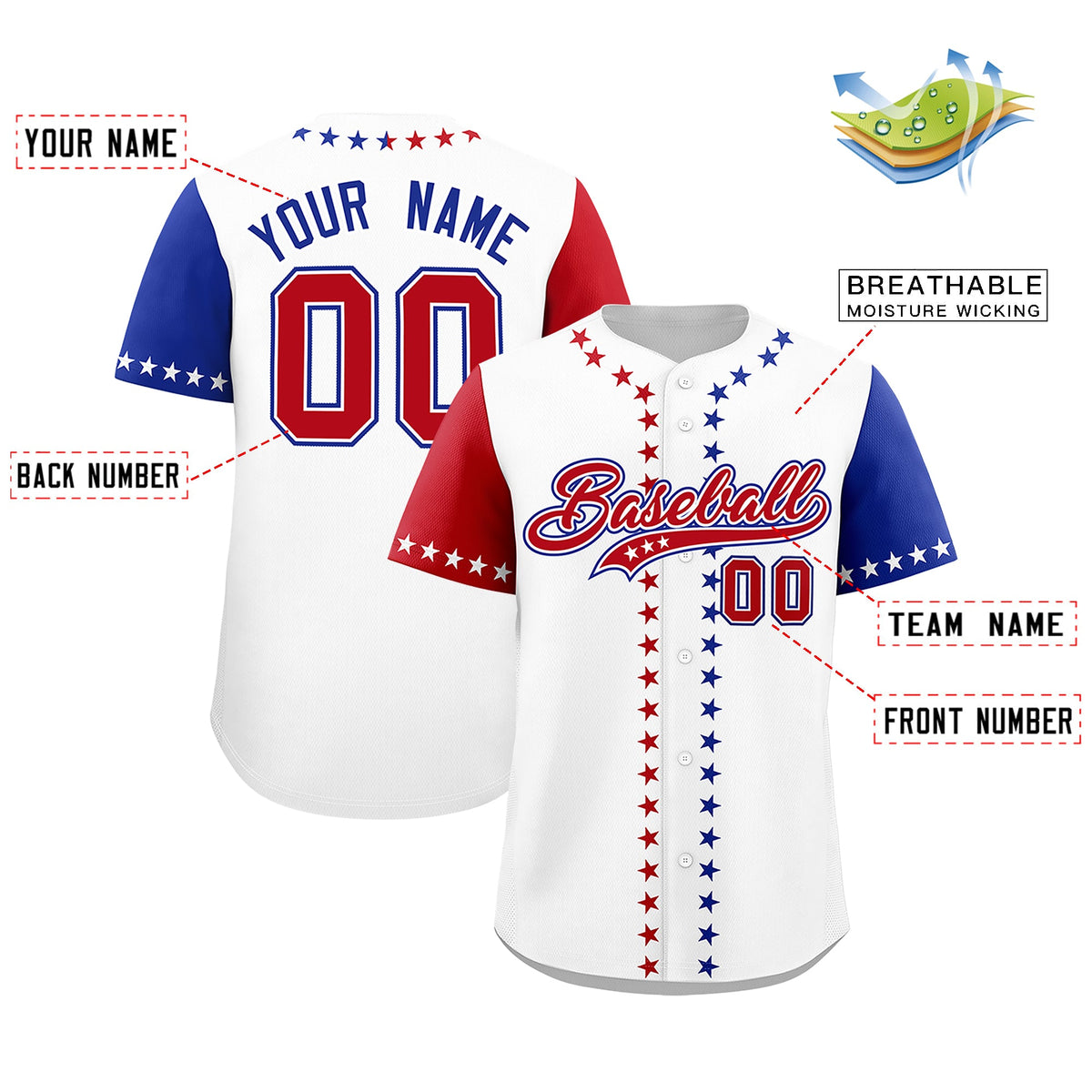 Custom White Red Royal Blue American Flag Graffiti Pattern Split Fashion Independence Day Stretch Fabric Baseball Jersey| KXKSHOP