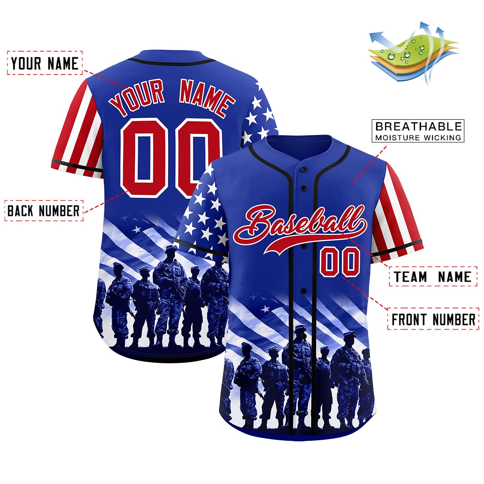 Custom Royal Blue Red White American Flag Graffiti Pattern Split Fashion Independence Day Quick Dry Baseball Jersey| KXKSHOP