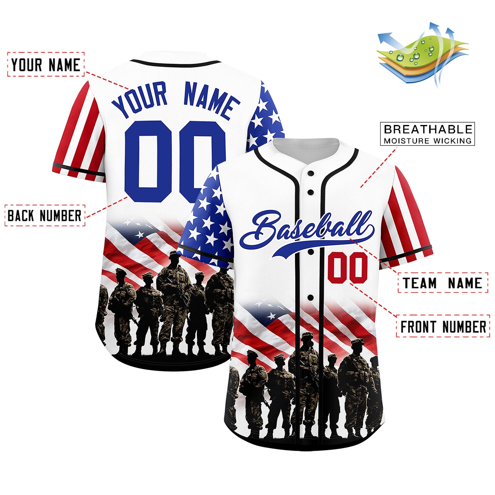 Custom White Royal Blue Red American Flag Graffiti Pattern Split Fashion Independence Day Quick Dry Baseball Jersey| KXKSHOP