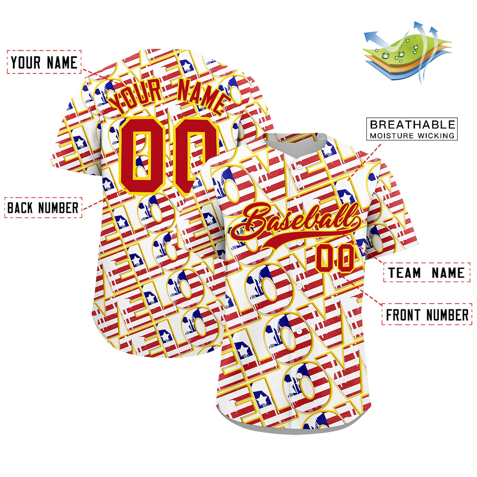 Custom White Red Gold American Flag Graffiti Pattern Split Fashion Independence Day Quick Dry Baseball Jersey| KXKSHOP