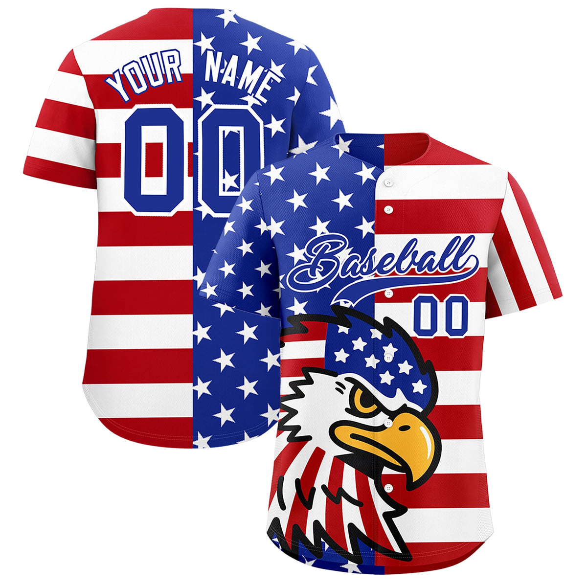 Custom Royal Blue Red White American Flag Graffiti Pattern Split Fashion Independence Day Stretch Fabric Baseball Jersey| KXKSHOP