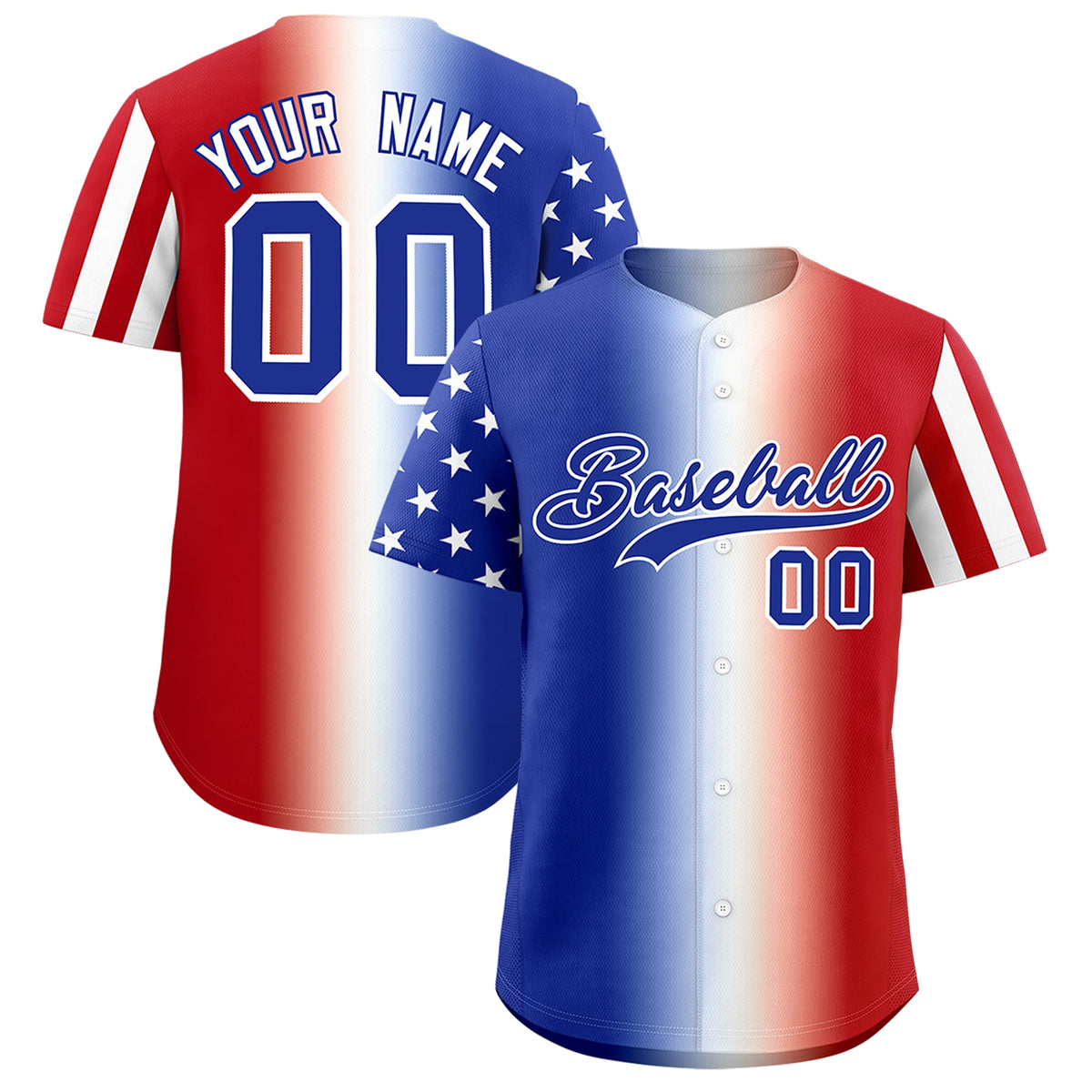 Custom Royal Blue White Red American Flag Graffiti Pattern Split Fashion Independence Day Quick Dry Baseball Jersey| KXKSHOP