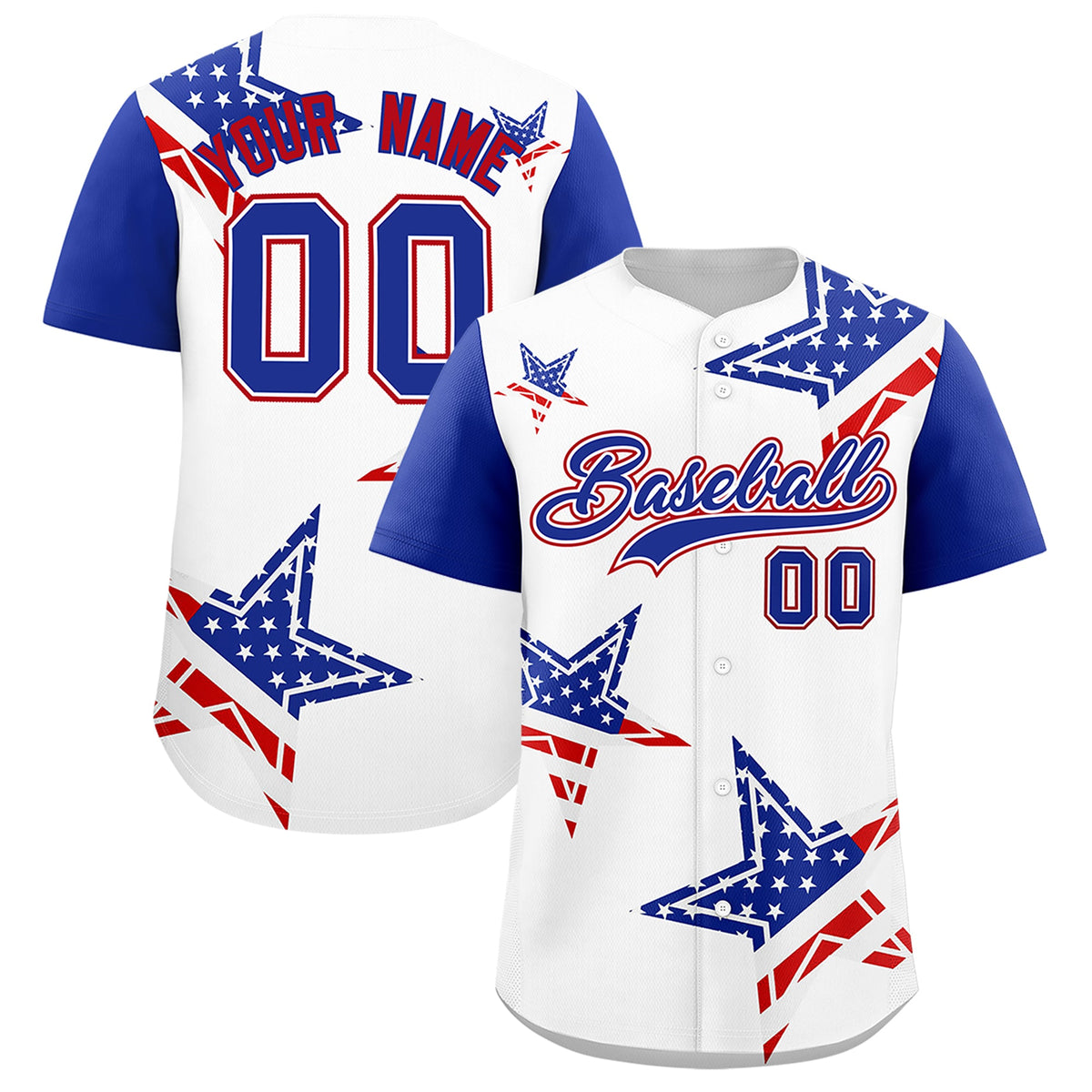 Custom White Royal Blue Red American Flag Graffiti Pattern Split Fashion Independence Day Quick Dry Baseball Jersey| KXKSHOP