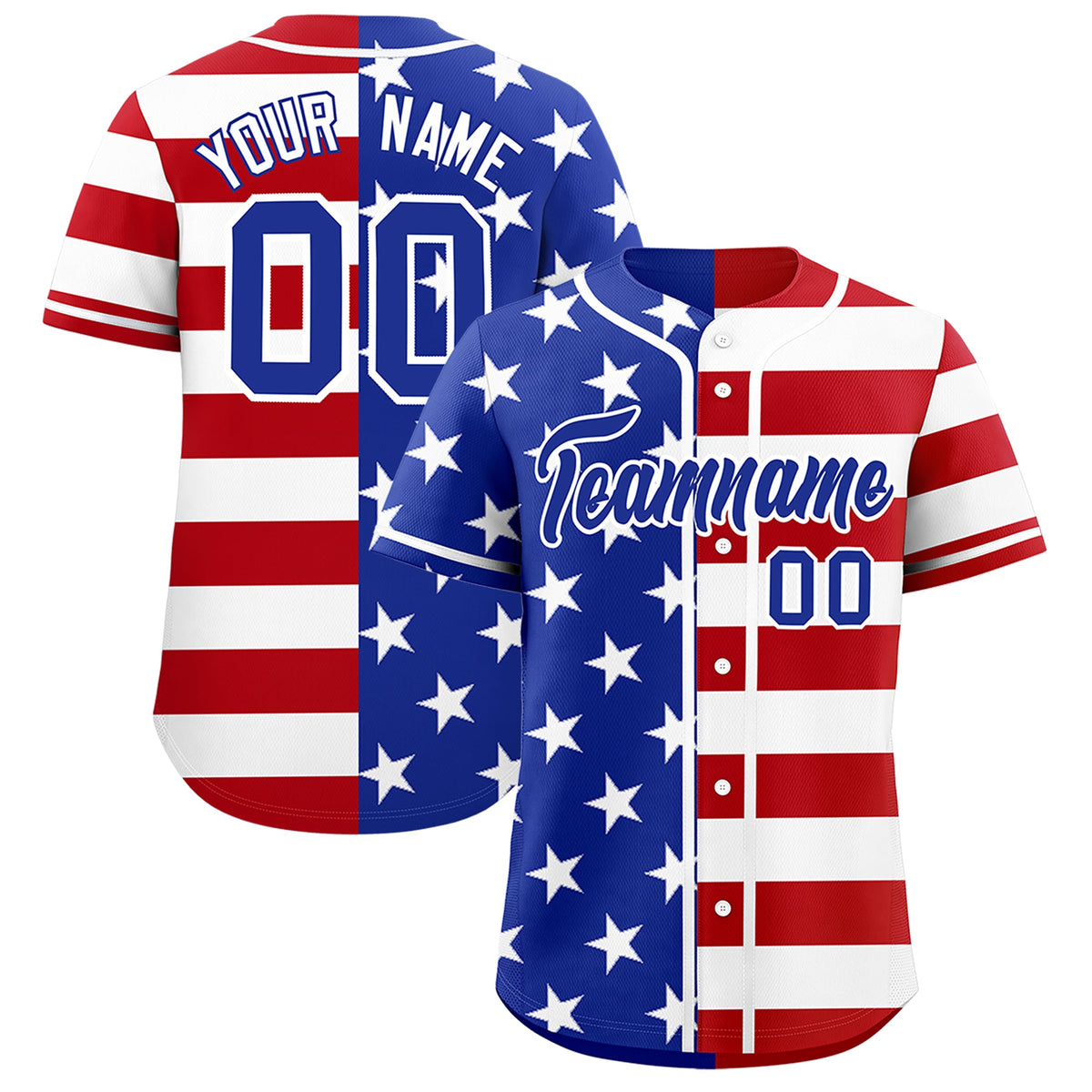 Custom Royal Blue Red White American Flag Graffiti Pattern Split Fashion Independence Day Stretch Fabric Baseball Jersey| KXKSHOP