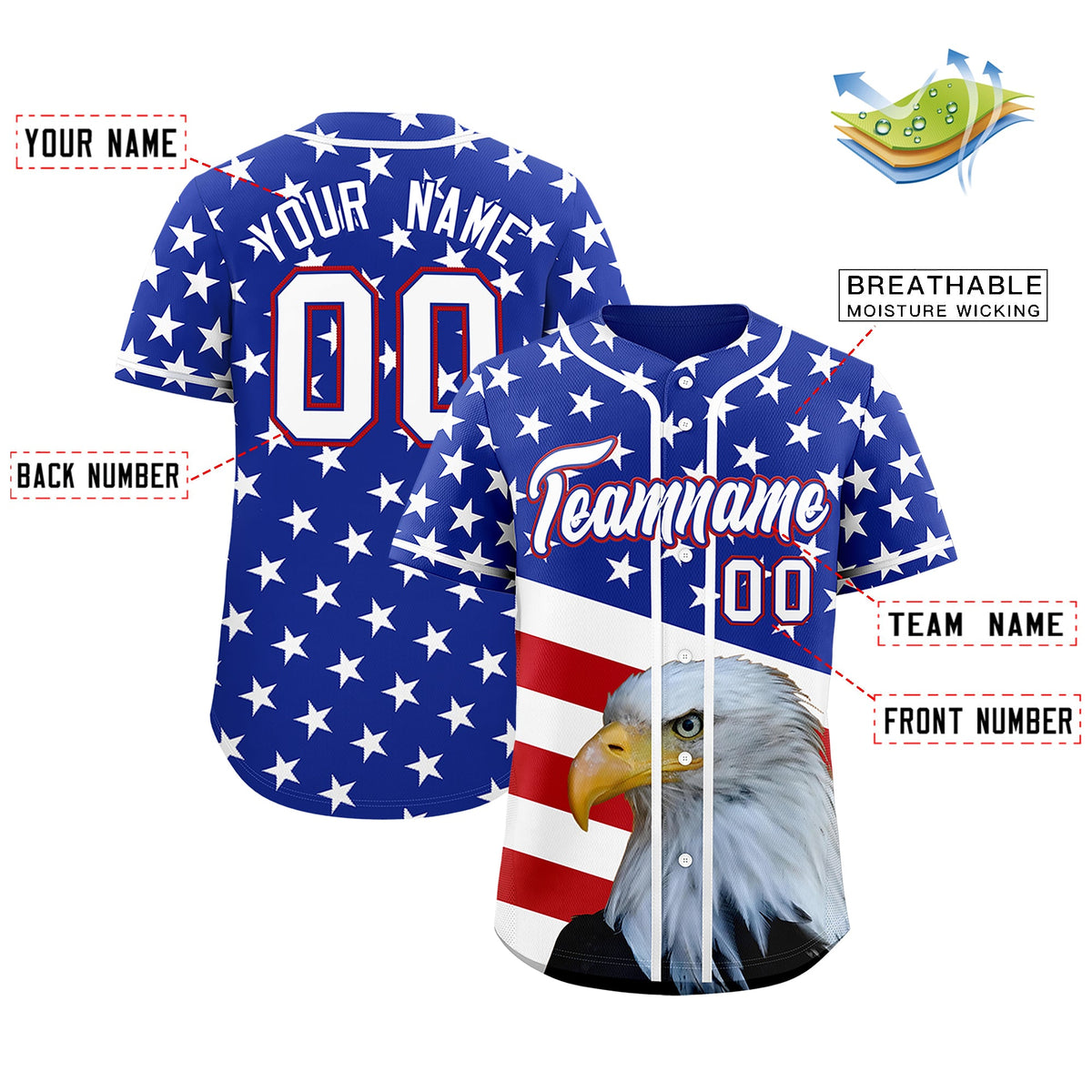 Custom Royal Blue Red White American Flag Graffiti Pattern Split Fashion Independence Day Quick Dry Baseball Jersey| KXKSHOP