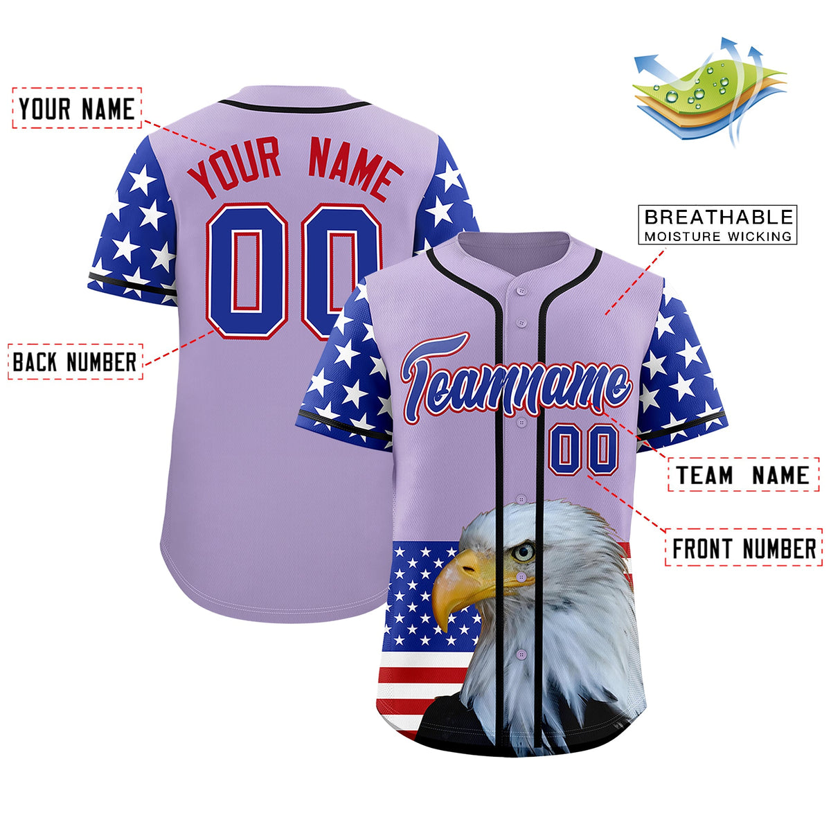 Custom Light Purple Royal Blue White American Flag Graffiti Pattern Split Fashion Independence Day Stretch Fabric Baseball Jersey| KXKSHOP