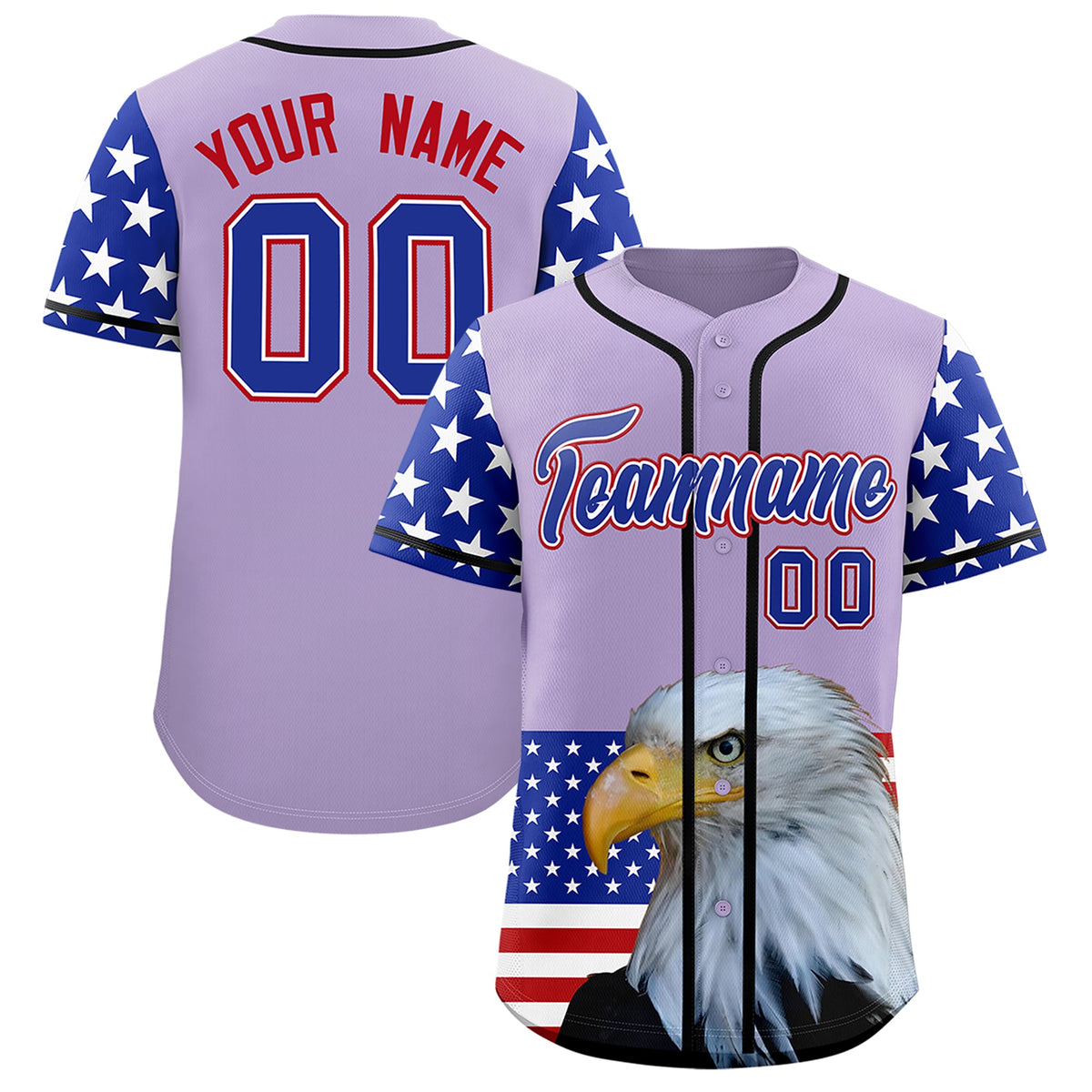Custom Light Purple Royal Blue White American Flag Graffiti Pattern Split Fashion Independence Day Stretch Fabric Baseball Jersey| KXKSHOP