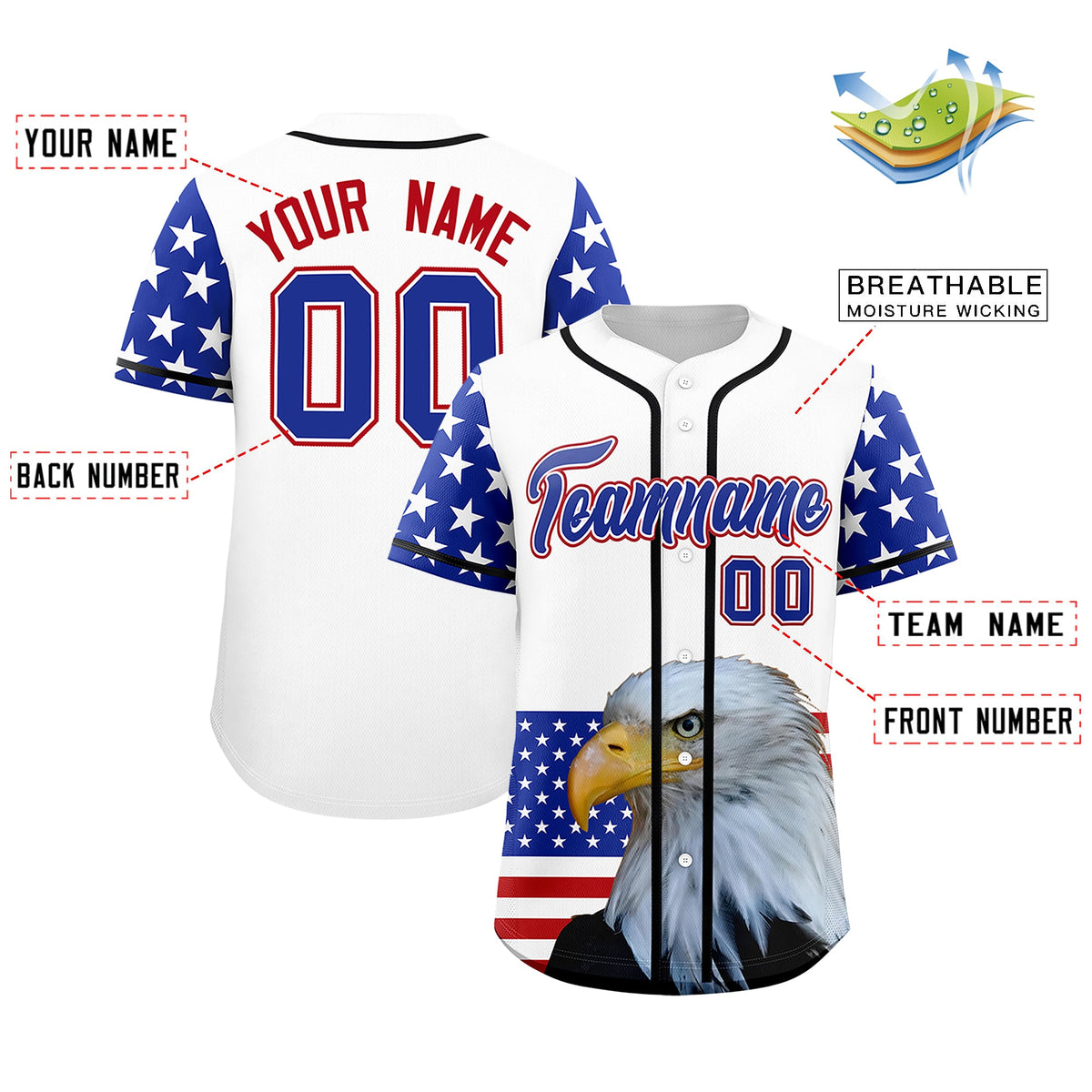 Custom White Royal Blue Red American Flag Graffiti Pattern Split Fashion Independence Day Quick Dry Baseball Jersey| KXKSHOP