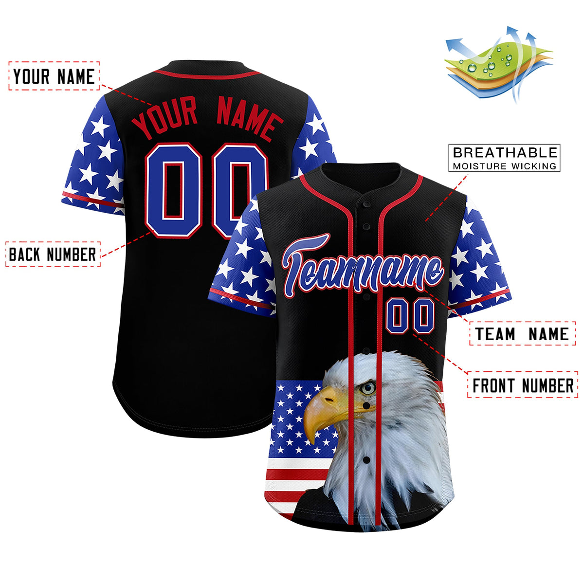 Custom Black Royal Blue White American Flag Graffiti Pattern Split Fashion Independence Day Stretch Fabric Baseball Jersey| KXKSHOP