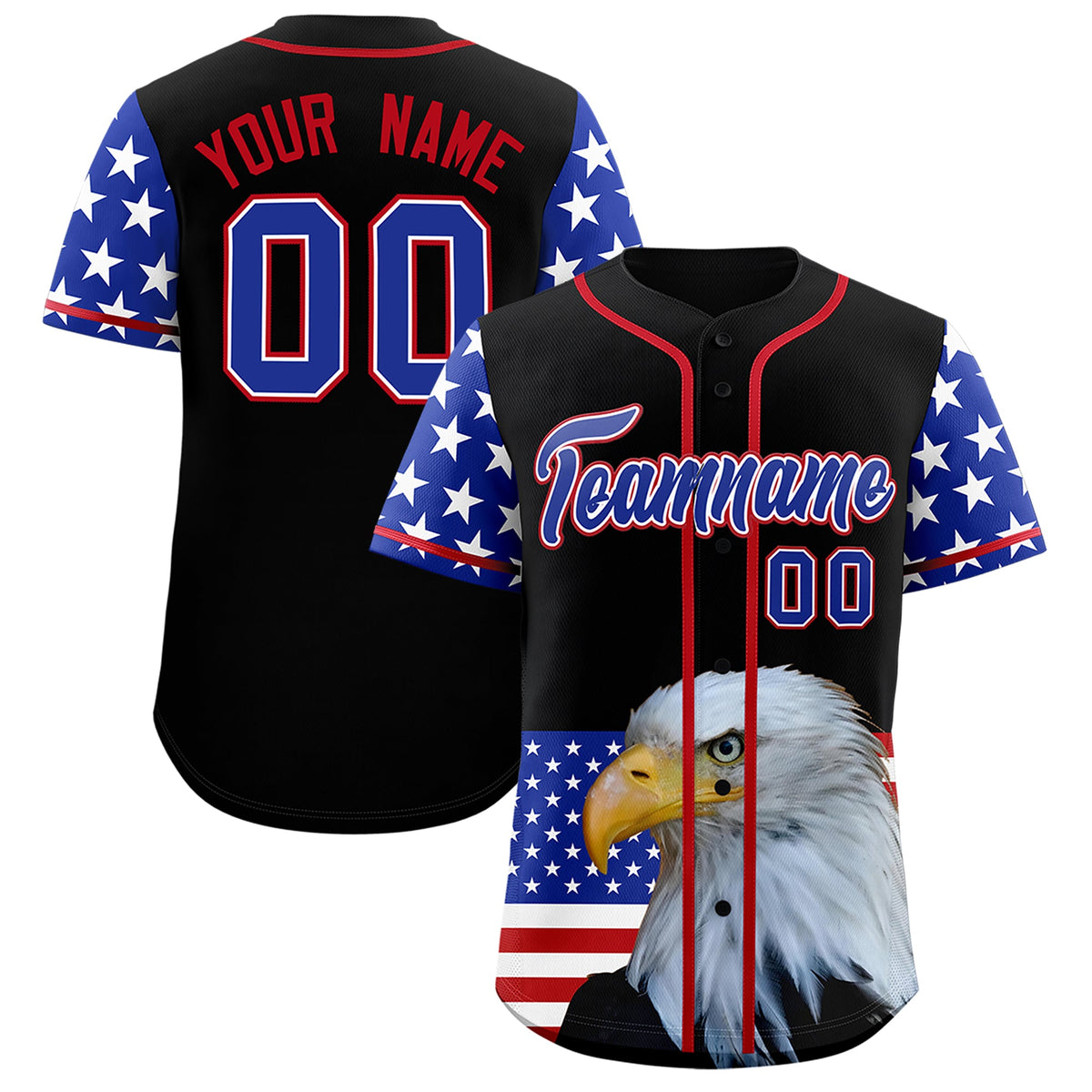 Custom Black Royal Blue White American Flag Graffiti Pattern Split Fashion Independence Day Stretch Fabric Baseball Jersey| KXKSHOP
