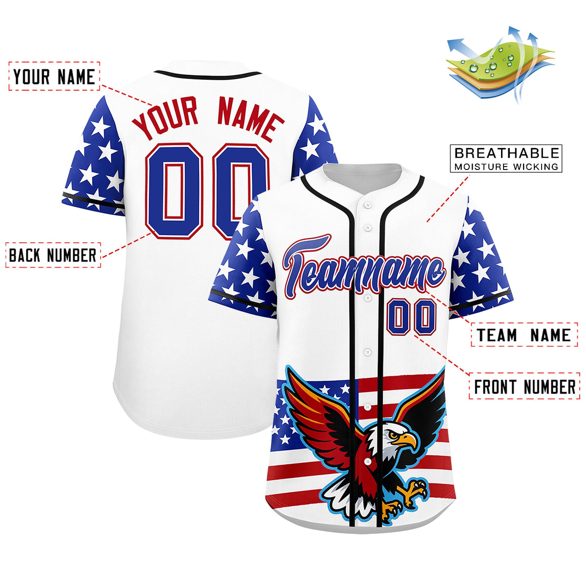Custom White Royal Blue Red American Flag Graffiti Pattern Split Fashion Independence Day Quick Dry Baseball Jersey| KXKSHOP